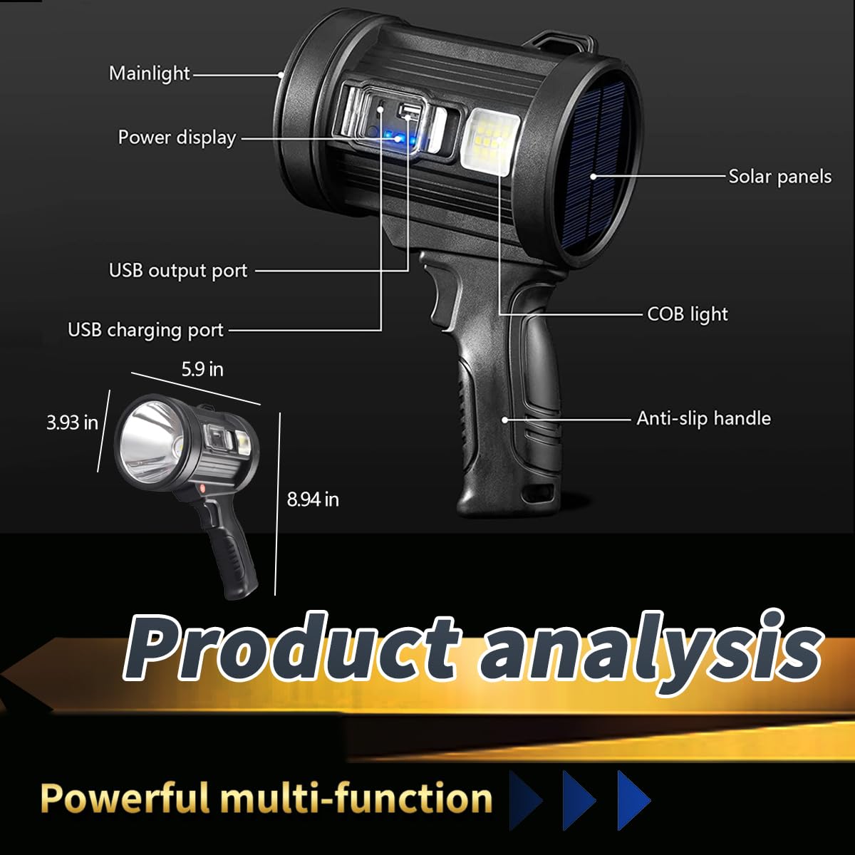 Jujingyang Rechargeable Spotlight,150000 Lumens Handheld Hunting Flashlight Led Flashlight And Solar Panels,3 Modes 4 Colors Waterproof,Lightweight Bright Searchlight For Hunting,Camping, Boating