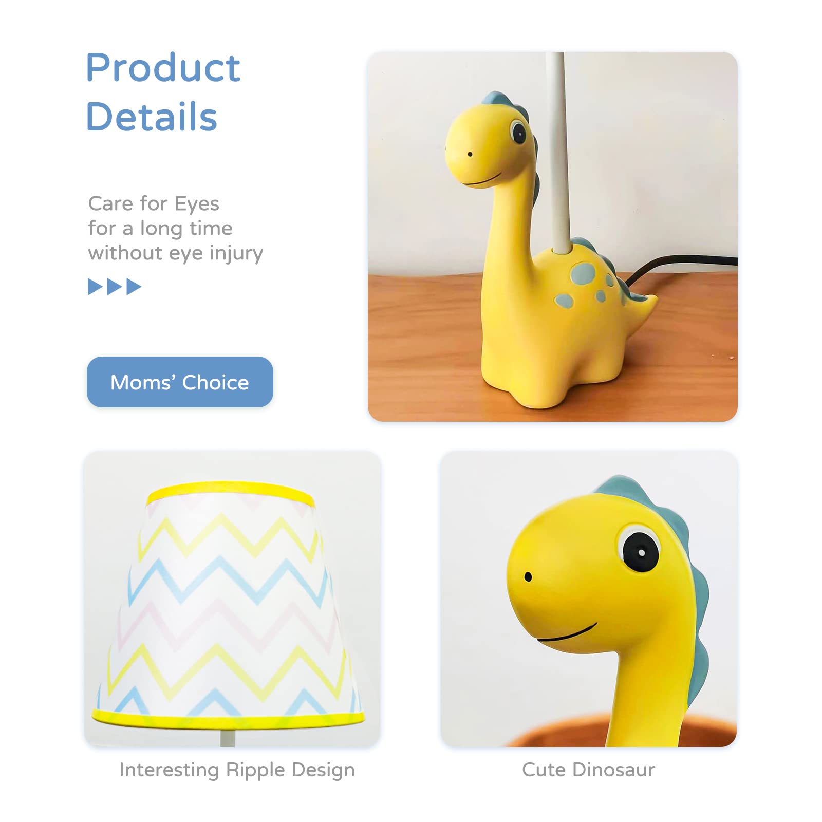Herbestbay Kids Table Lamp, Thunder Dinosaur Lamp Design Bedside Table Lamp, 13 Inch Tall Desk Lamp With Barrel Lampshade For Kids Bedroom Décor, Come With An Led Bulb (Yellow Dinosaur)