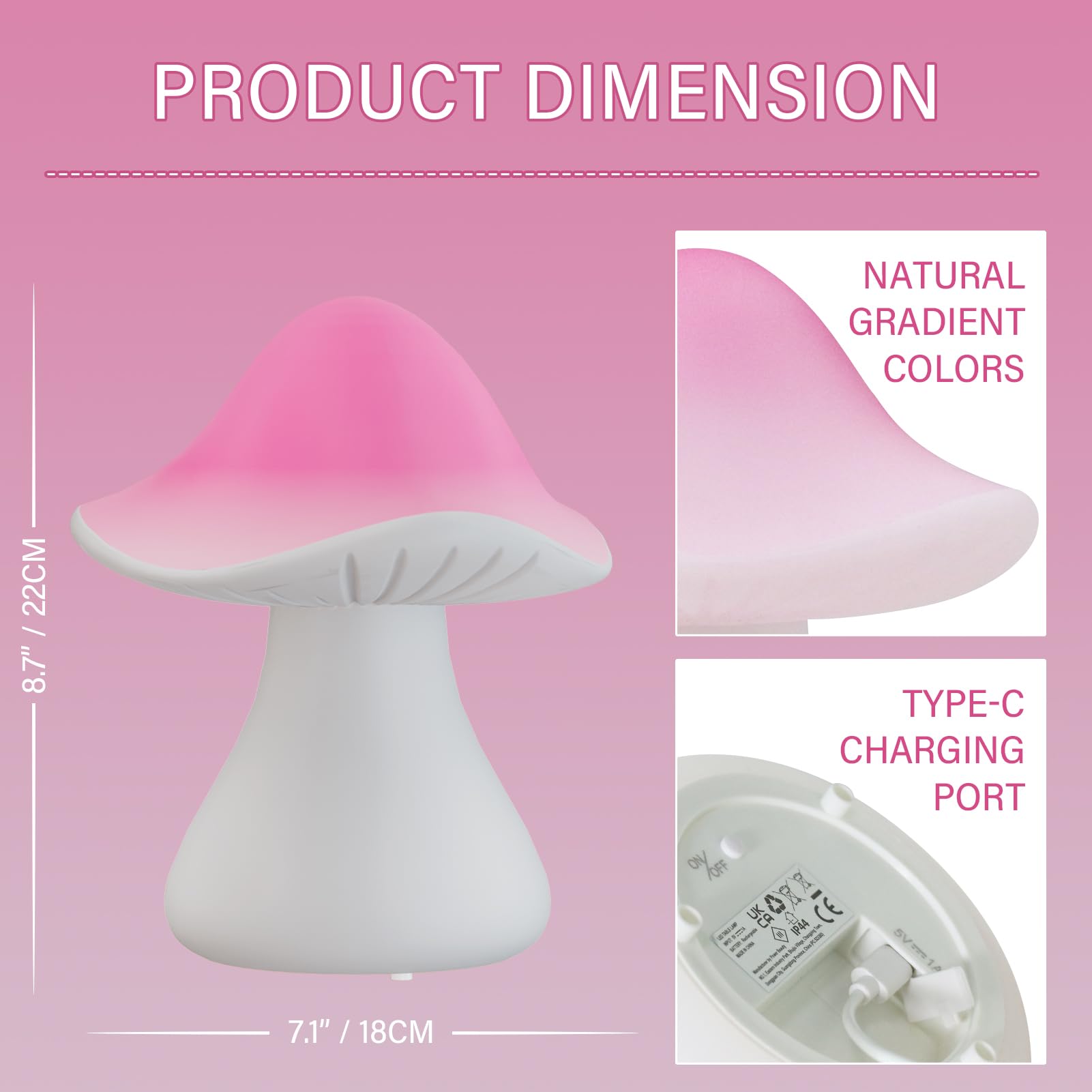 Fuyo Pink Mushroom Table Lamp With Warm White Led - Indoor/Outdoor Decorative Light, Ip44 Waterproof, Rechargeable Usb-Powered, 2 Brightness Levels For Bedroom, Garden, Patio Decor, Easter Decor