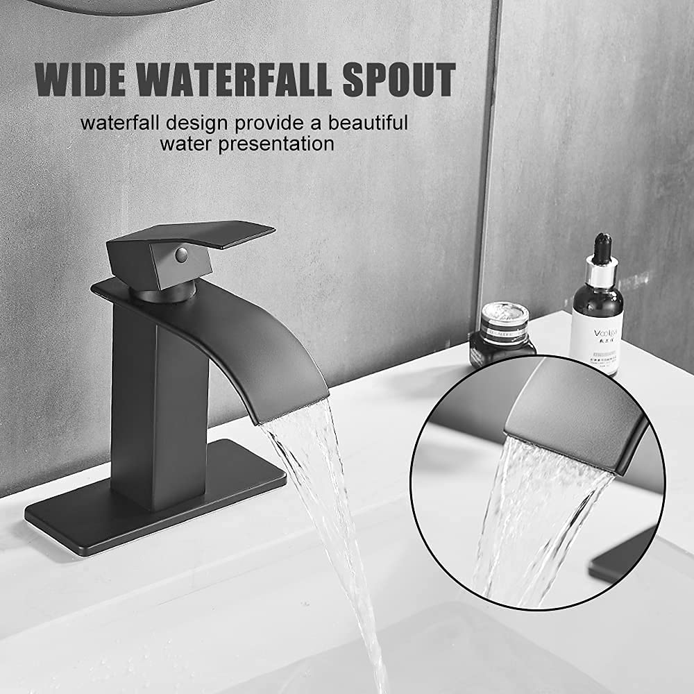 Matte black modern bathroom faucet with waterfall flow, single handle, and deck plate for easy 1 or 3-hole installation