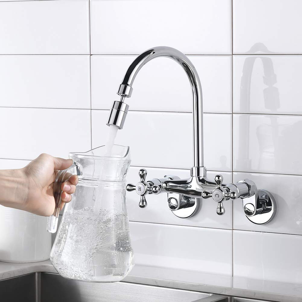 Rulia Wall Mount Kitchen Sink Faucet, 6 Inch Center Sink Faucet, In Wall Faucet Kitchen Sink, Kitchen Wall Faucets, Wall Faucet Sink, Two Cross Handles Kitchen Faucet, Chrome, Rb1026