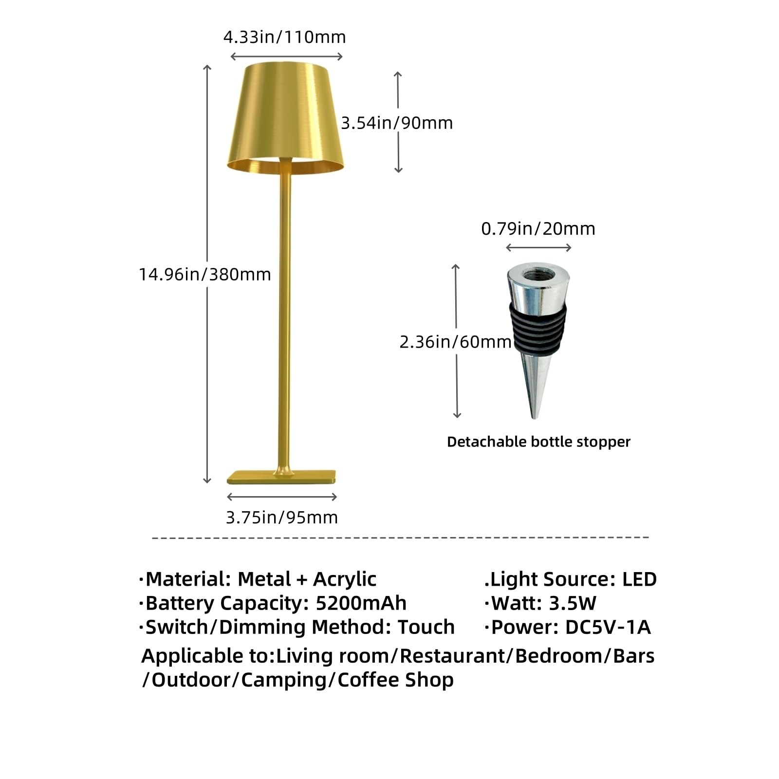 Madckdedrt 2 Pack Cordless Table Lamp Rechargeable,Wireless Led Bottle Light,5200Mah Battery Operated,Portable,Touch Dimming,For Restaurant/Bedroom/Outdoor/Terrace/Night Light (Gold)