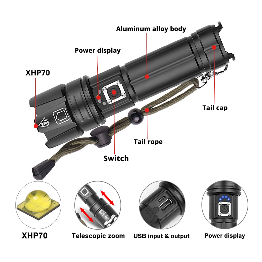 Proforus Handheld Flashlight 8000 Lumens, Xhp70.2 Led Flashlight High Lumens Usb Rechargeable Utility Flashlight High Powered Flashlights Torch Zoomable 5 Modes With Power Display And Usb Output