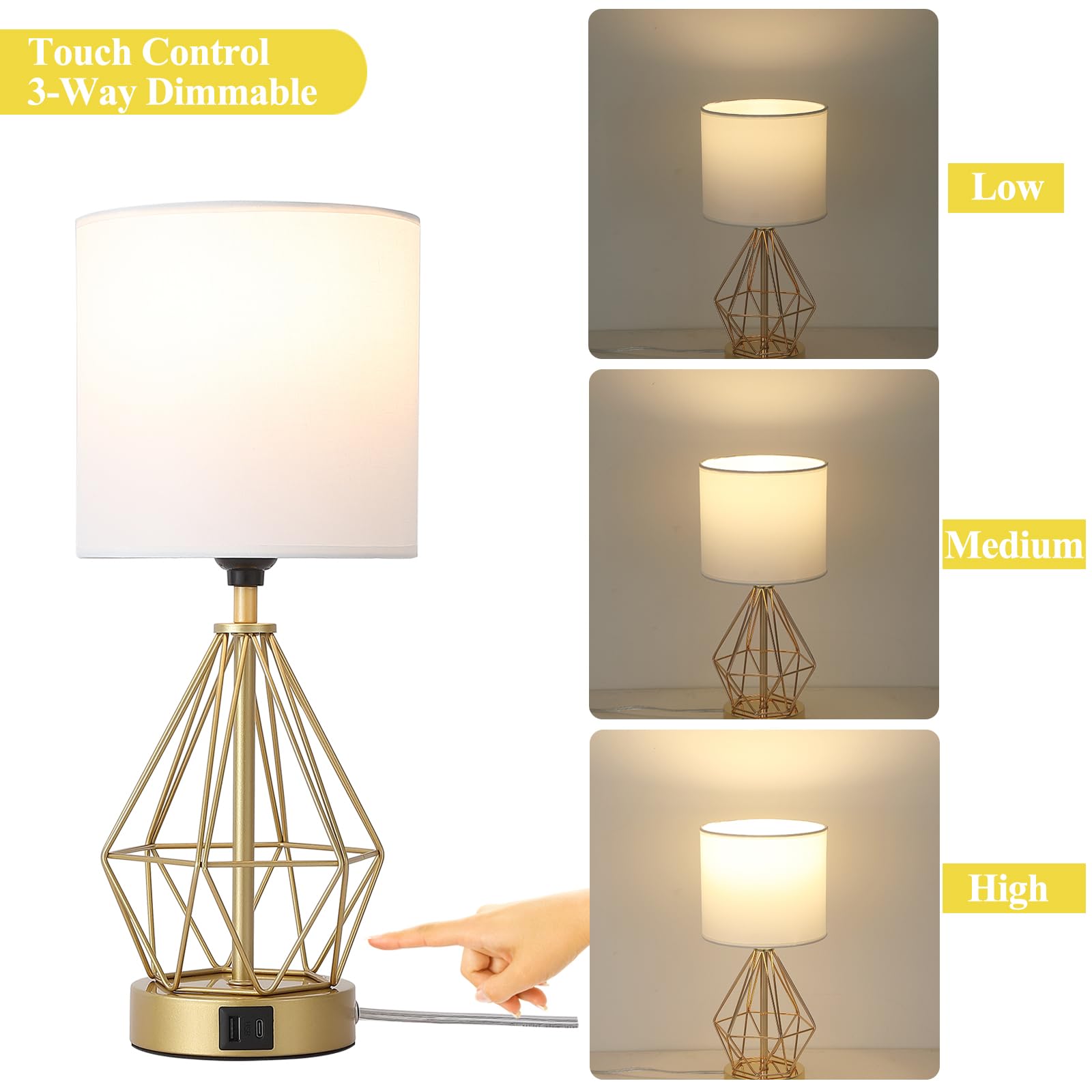 Sheenkarion Modern Touch Control Small Gold Table Lamp,Dimmable Bedroom Bedside Nightstand Lamp With Usb C+A Charging Port,Living Room Office Desk Lamp With White Fabric Shade(Bulb Included)