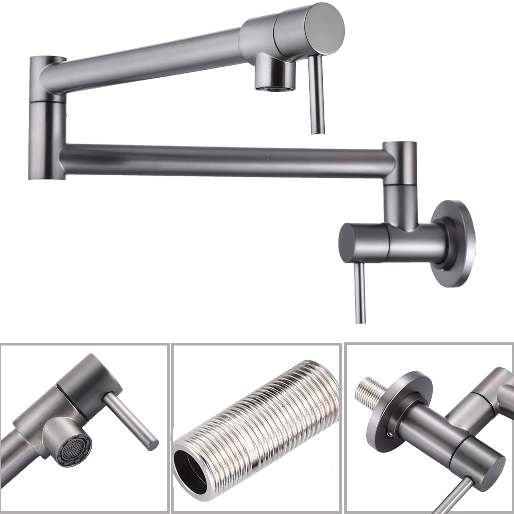 Homhii Wall Mount Pot Filler Faucet,Folding Stretchable Kitchen Faucet With Double Joint Swing Arm Brushed Nickel Pot Filler,Stainless Steel Delta Pot Filler Faucet (Grey)
