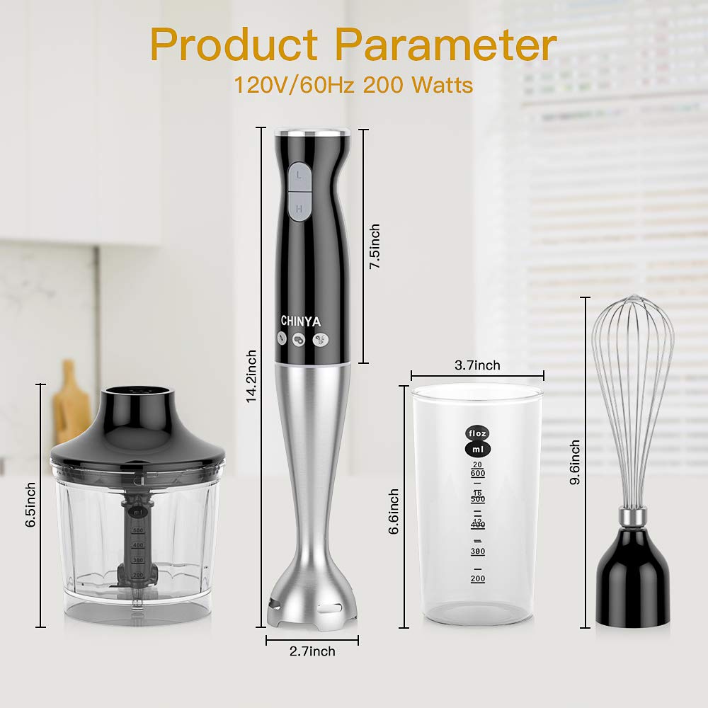 Chinya Immersion Hand Blender, Powerful 4-In-1 Hand Blender,Electric Food Blender With 16Oz Food Chopper, 20Oz San Beaker And Ballon Whisk, Bpa- Hand Mixer Set