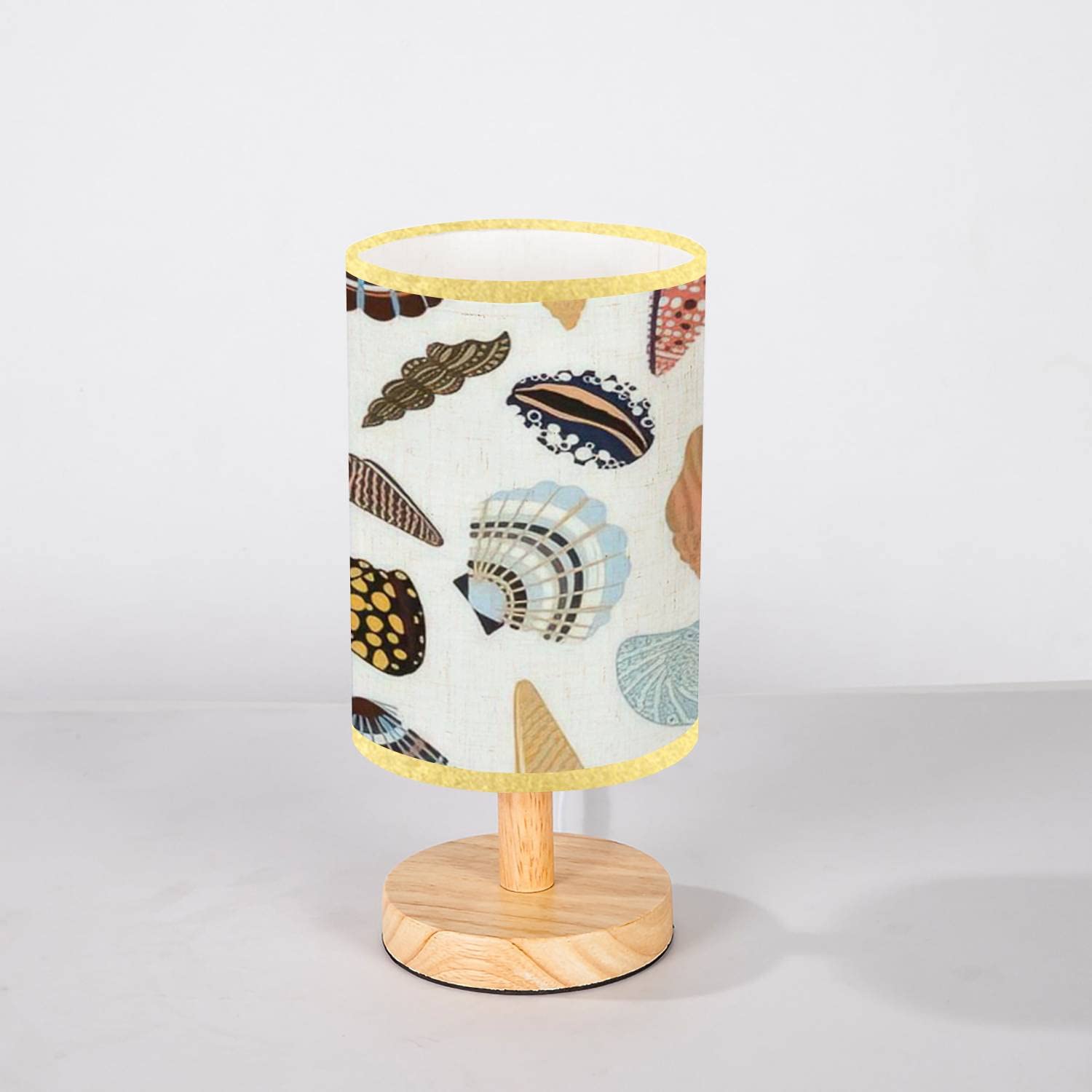 Lopyeijfg Minimalist Bedside Table Lamp Sea Shells Fossils Mollusks Seamless Summer Beach Hand Drawn Seaside Wood Nightstand Lamp Bedside Desk Lamp Wood Base Flaxen Fabric Shade For Bedroom Living Room