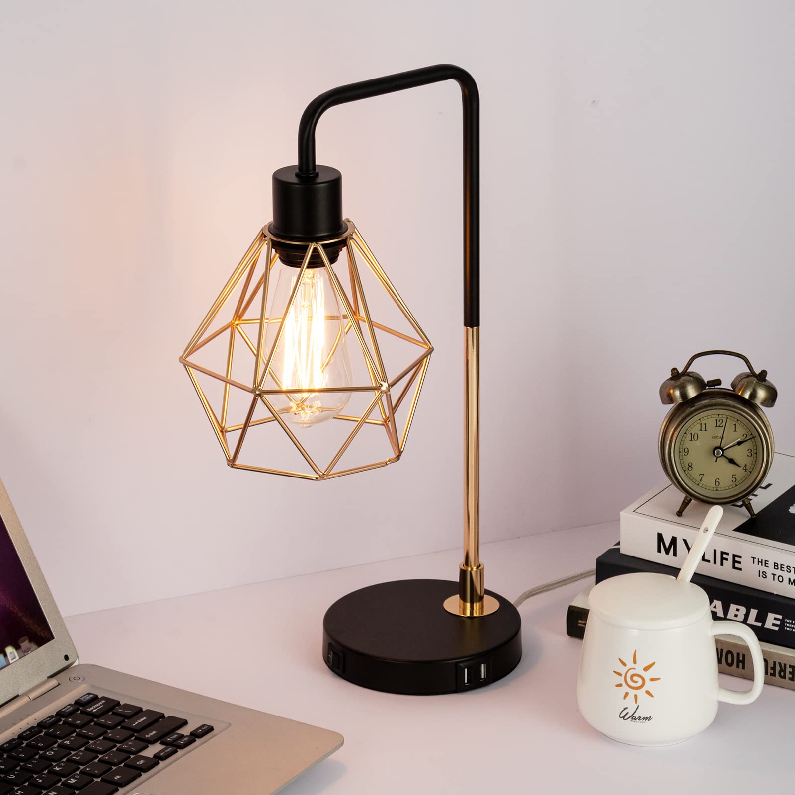Cotulin Touch Control Black Gold Table Lamp,Modern Industrial Desk Lamp With 2 Usb Charging Ports,3-Way Dimmable Bedside Nightstand Vintage Metal Cage Reading Lamp For Bedroom Living Room Office Study