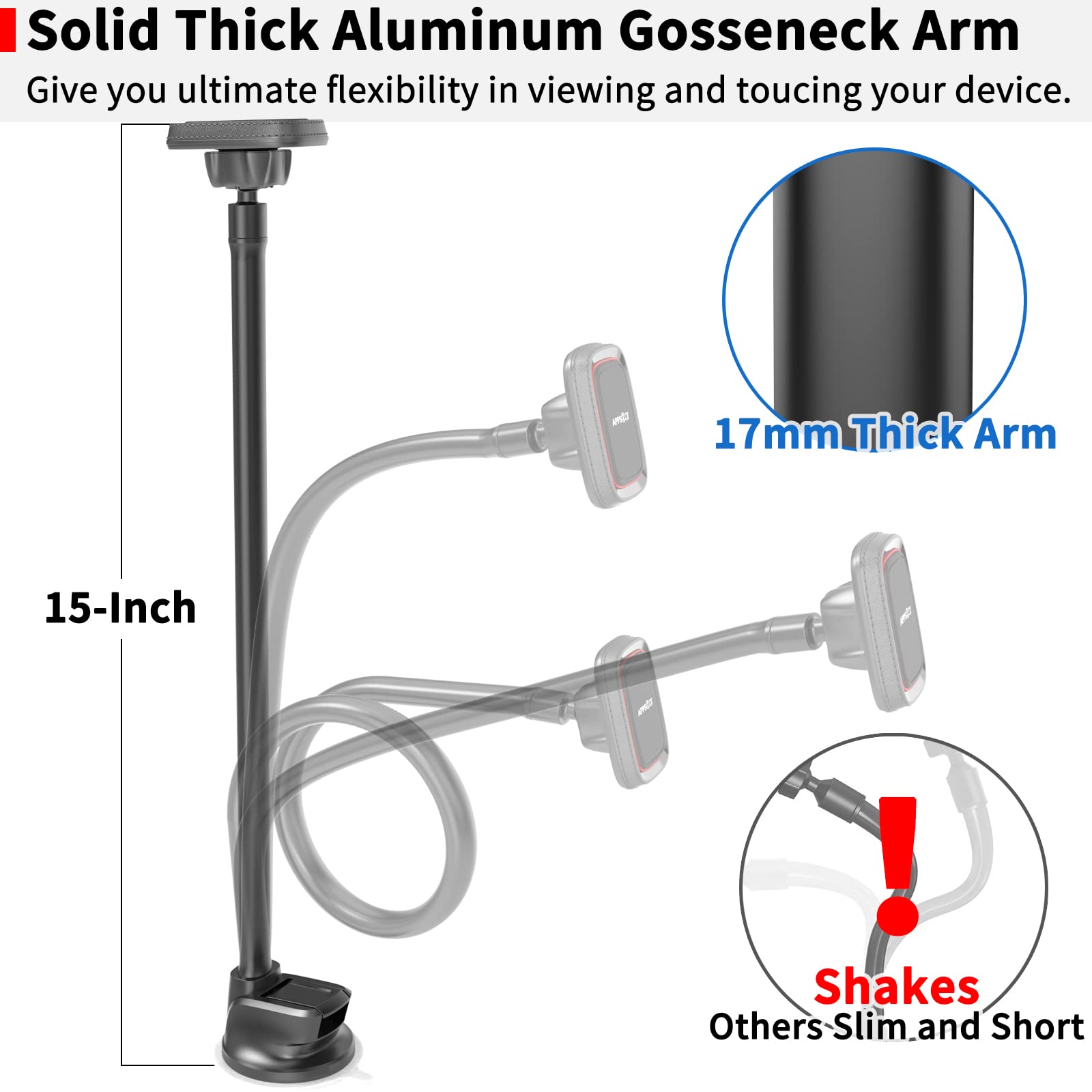 Apps2Car Magnetic Car Phone Holder Mount [Flexible Long Arm] Anti-Shake Windshield Phone Mount [6 Strong Magnets] Cell Phone Holder For Car [Case Friendly] Compatible With Iphone Smartphones Tablets