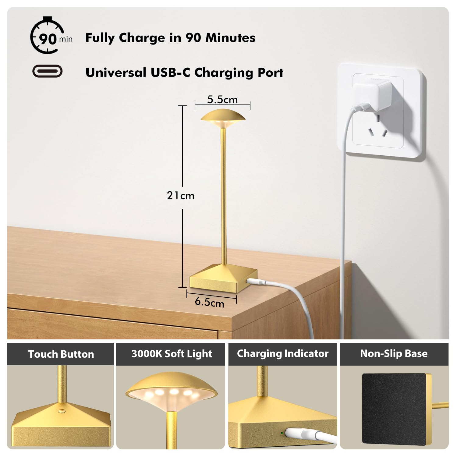 Funtaphanta 3 Pack Gold Small Cordless Table Lamps Rechargeable, Battery Operated Mini Lamp, Small Lamp Touch Portable Table Lights, Led Night Light For Bedside/Bathroom/Desk/Outdoor (Gold-B)