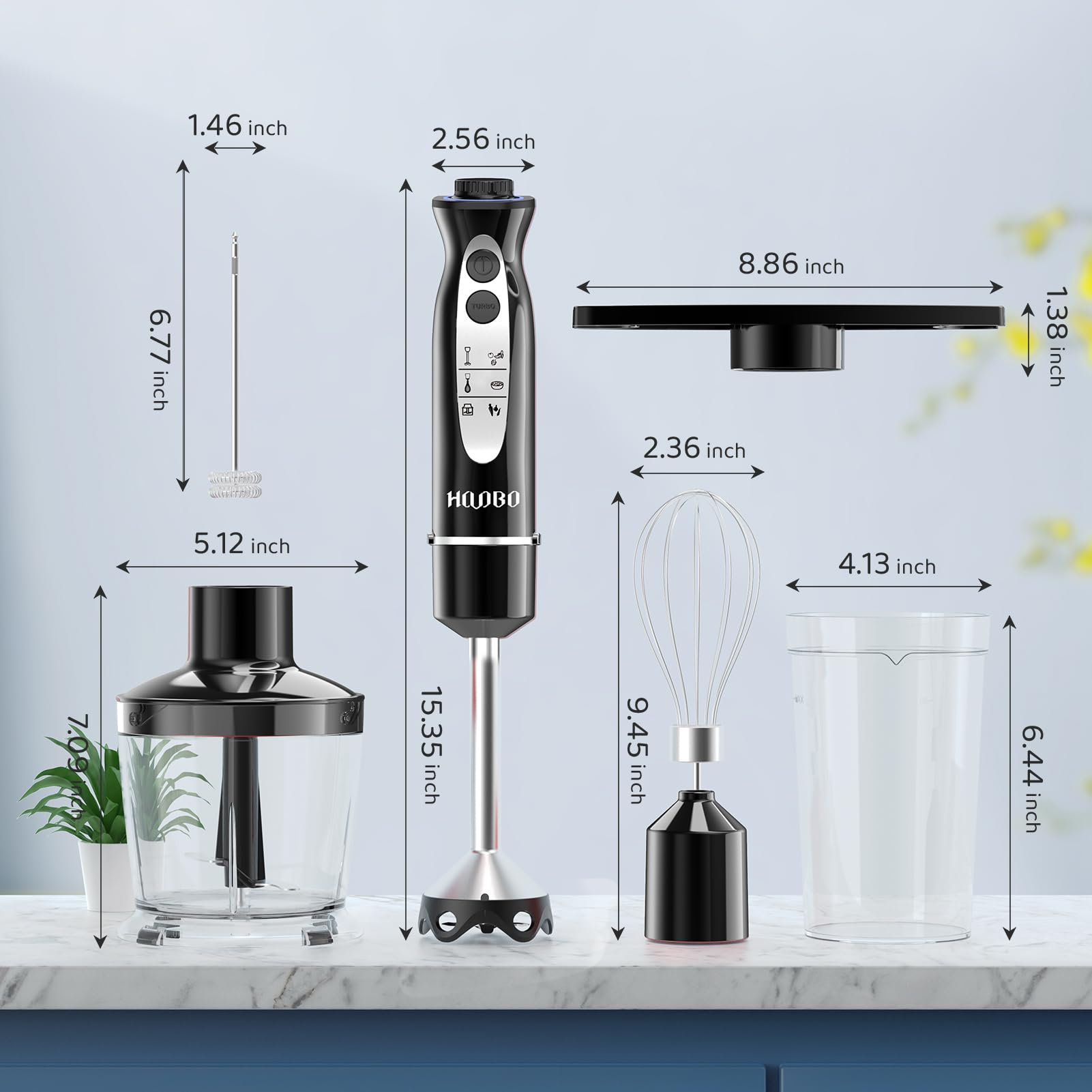 Hovobo Immersion Blender Handheld 1000W Powerful Scratch Resistant Hand Blenders For Kitchen, Stick Blender Immersion Variable Speed And Turbo Mode, Low-Noise, Beaker Chopper Whisk Milk Frother