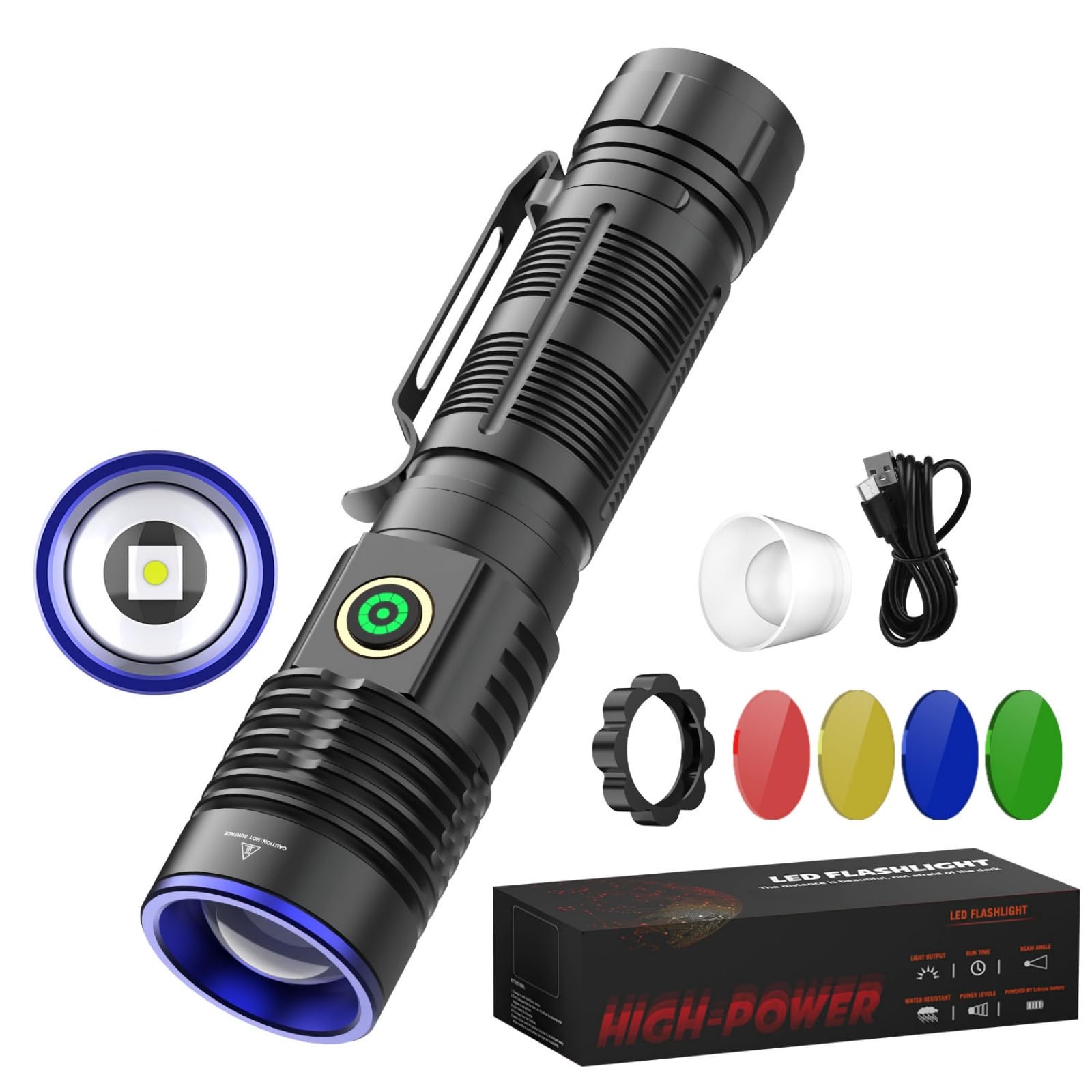 Unagea Rechargeable Tactical Flashlight High Lumen, 2000 Lumen Powerful Flashlights, White Red Green Blue Yellow, Zoomable, Multi-Color Handheld Magnet Flash Light For Camping, Hiking, Emergency, 