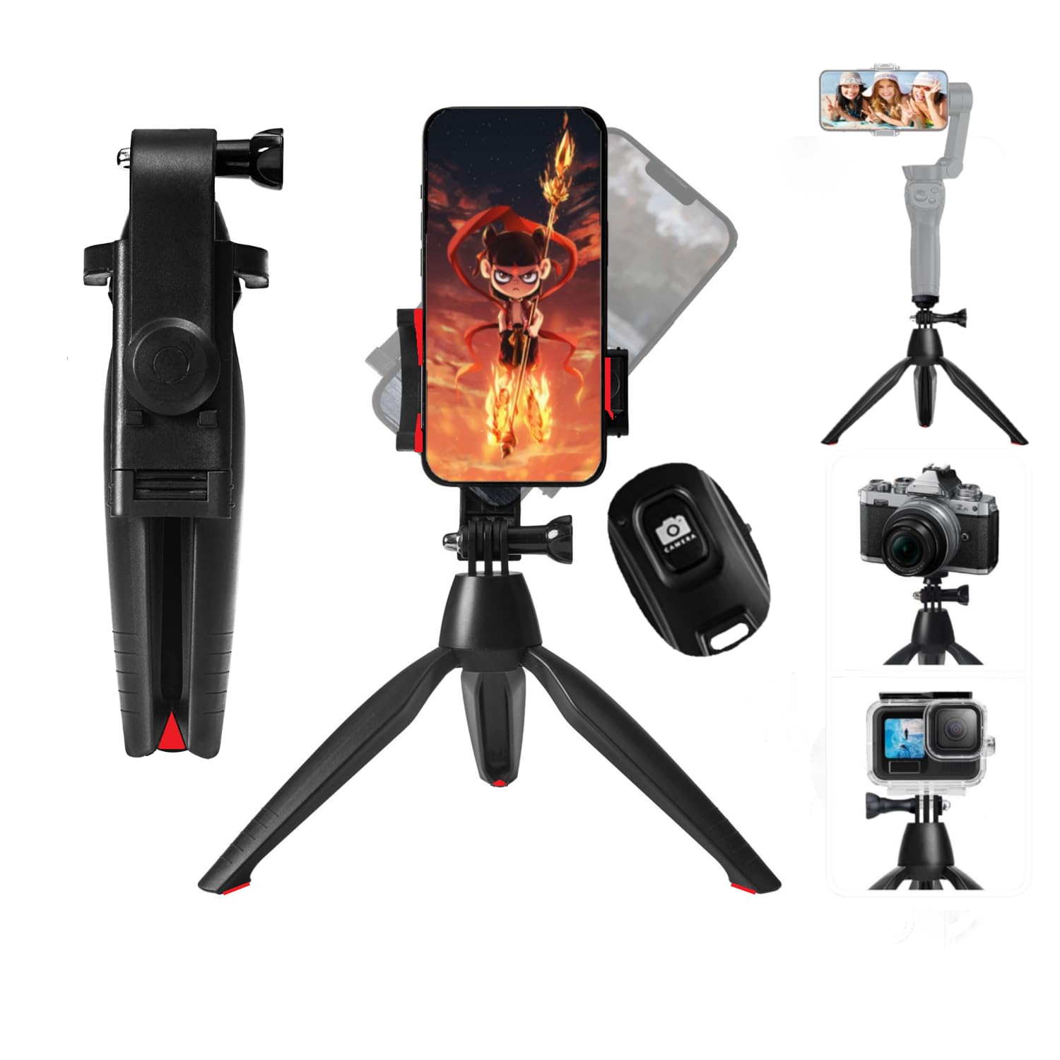 yihokj Tripod For Iphone,Mini Phone Tripod With Wireless Remote And Foldable Phone Stand For Video Recording/Selfie,Portable,Lightweight,Travel, Small Tabletop Stand For Cellphone/Camera (Red, 7.1 Inch)