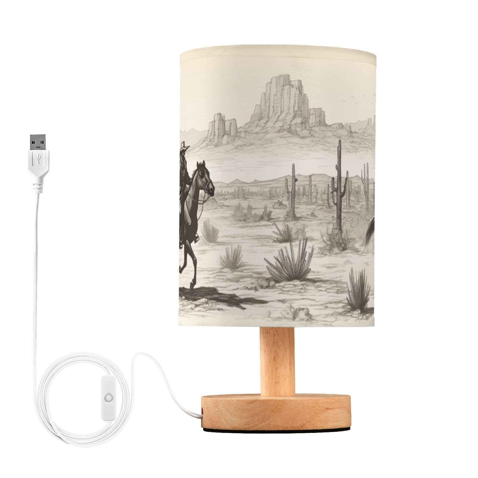 Yegame Western Cowboy Bedside Table Lamp For Bedroom Nightstand, Small Eye Care Led Desk Reading Lamp Usb Port Wood Base Round Flaxen Fabric Shade For For Kids Room Living Room Office Desk