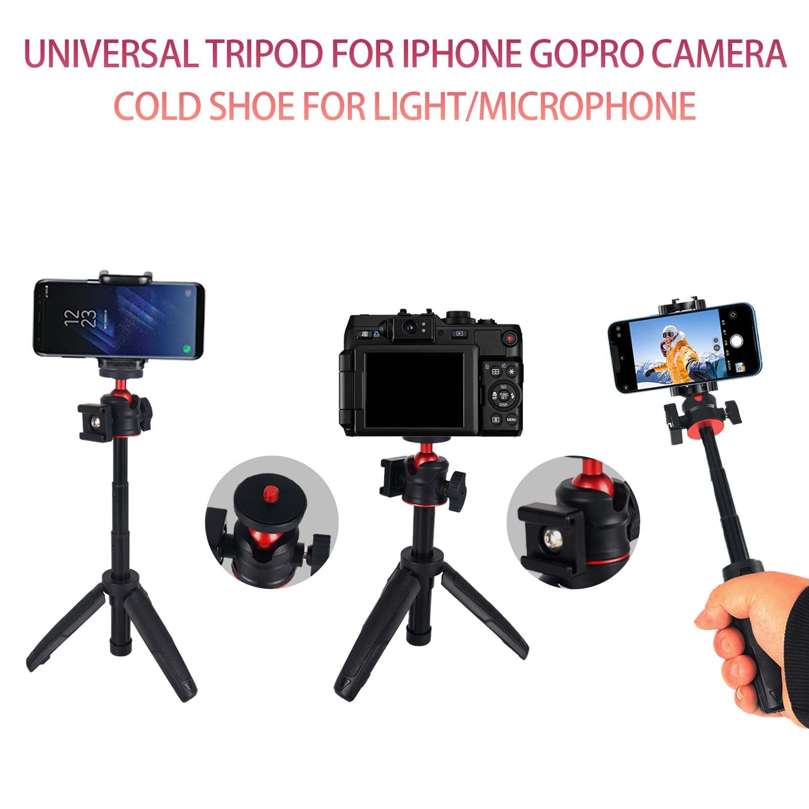 Loiezuir Mini Tripod Stick For Camera, 1/4" Screw Universal For Insta360/Sony/Canon/Nikon/Fujifilm Vlog Camera Extendable Camera Tripod 4 Levels Adjustment 360° Ball, Video Shooting Filming Table Stand (Black)