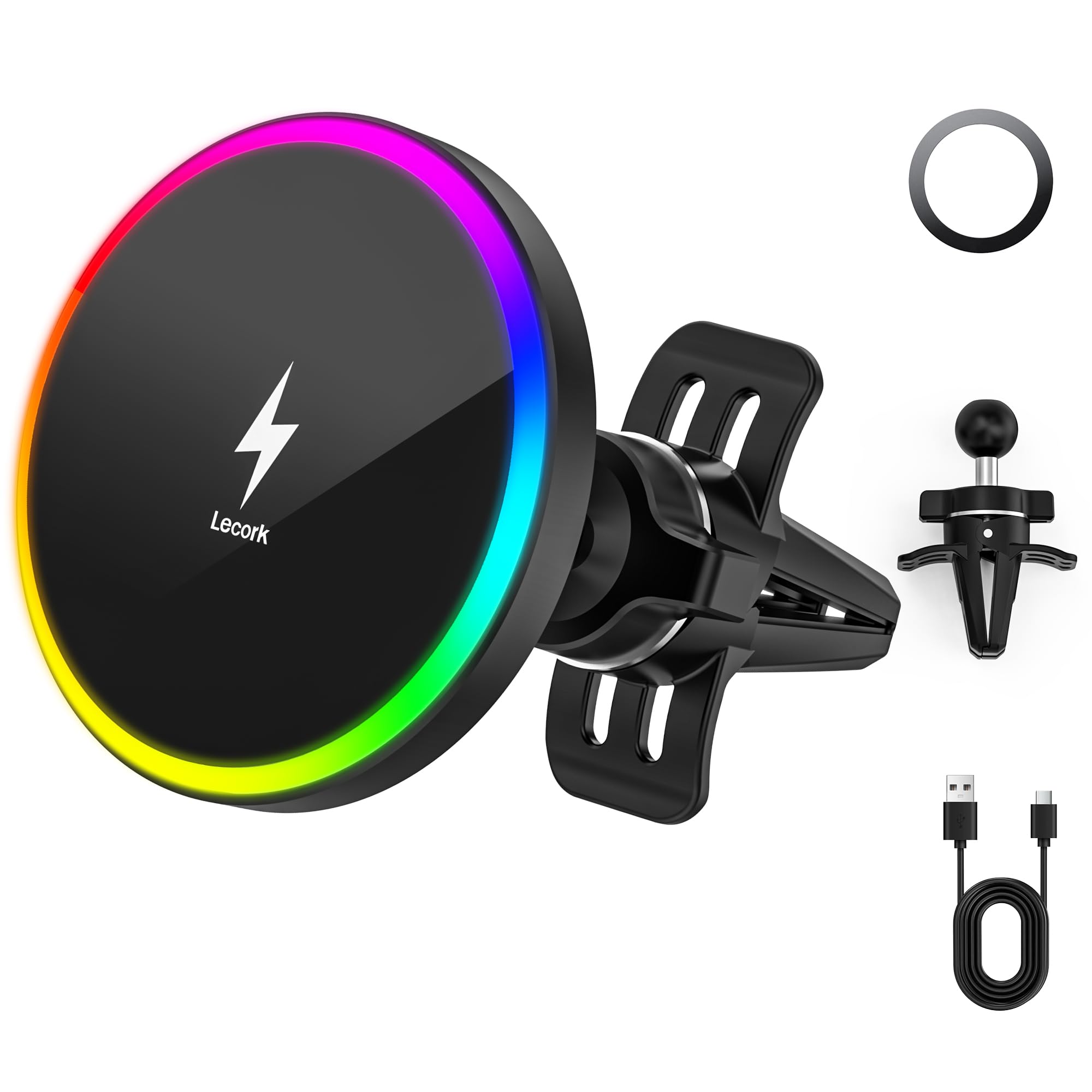 Lecork For Magsafe Car Mount, 15W Magnetic Wireless Charger For Iphone, Magsafe Air Vent Car Holder Charger For Iphone 16 Pro Max/16/15/14 13 12, Samsung S25/S25+/Ultra, Rgb Led Design