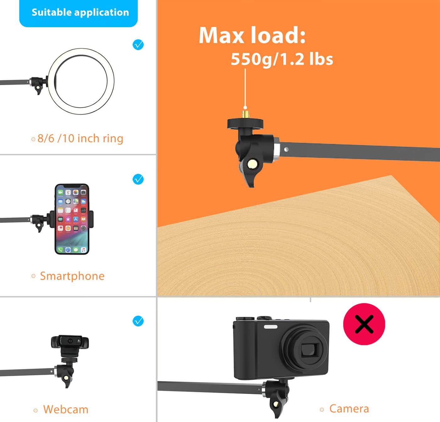 Pozliv Long Overhead Tripod Mount For Iphone Webcam Ring Light, Gooseneck Desk Phone Arm Holder For Over Head Video Recording Filming Live Streaming, Webcam Tripod Stand With Articulating Arm