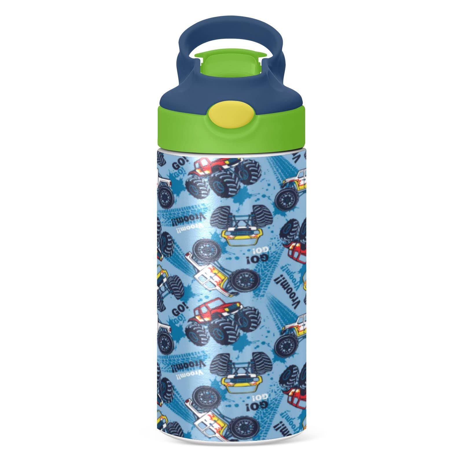 Boccsty Monster Truck Cars Seamless Pattern Kids Water Bottle With Straw Lid Insulated Stainless