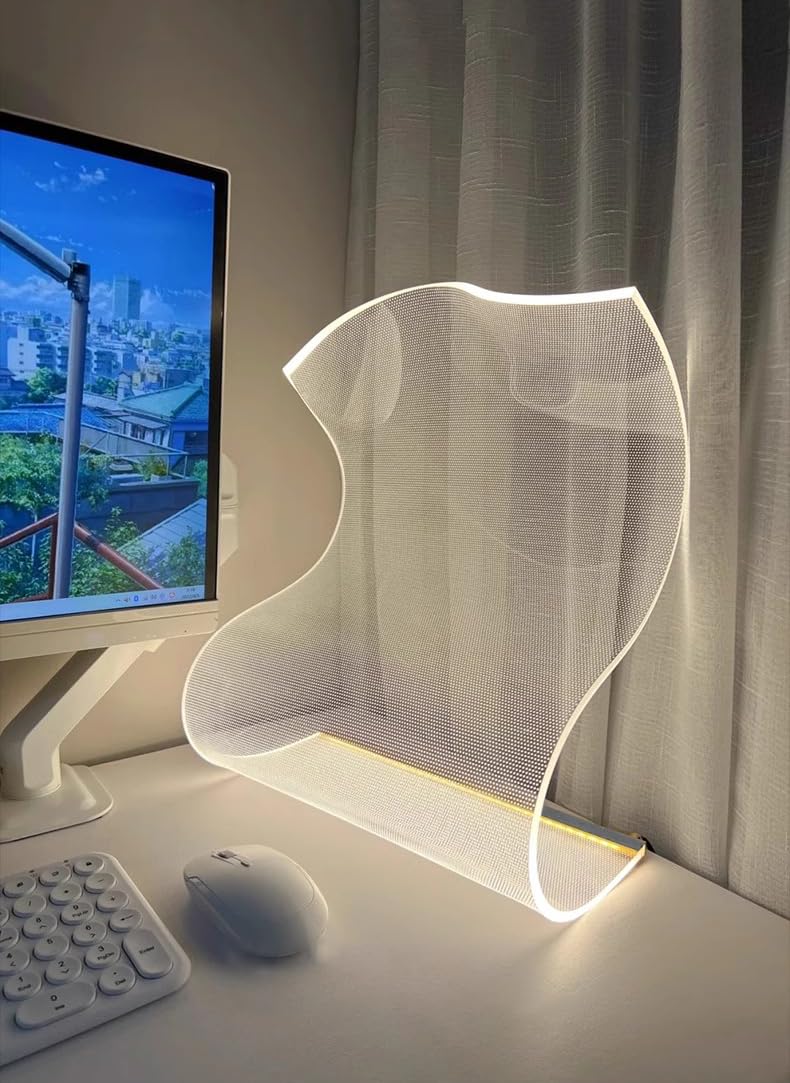 Mlnyitus [Usb] Modern Curved Led Desk Lamp | Futuristic Ambient Lighting For Gaming Rooms, Bedrooms, And Desks | Unique Acrylic Lampshade With Transparent Led Screen - Standard Large