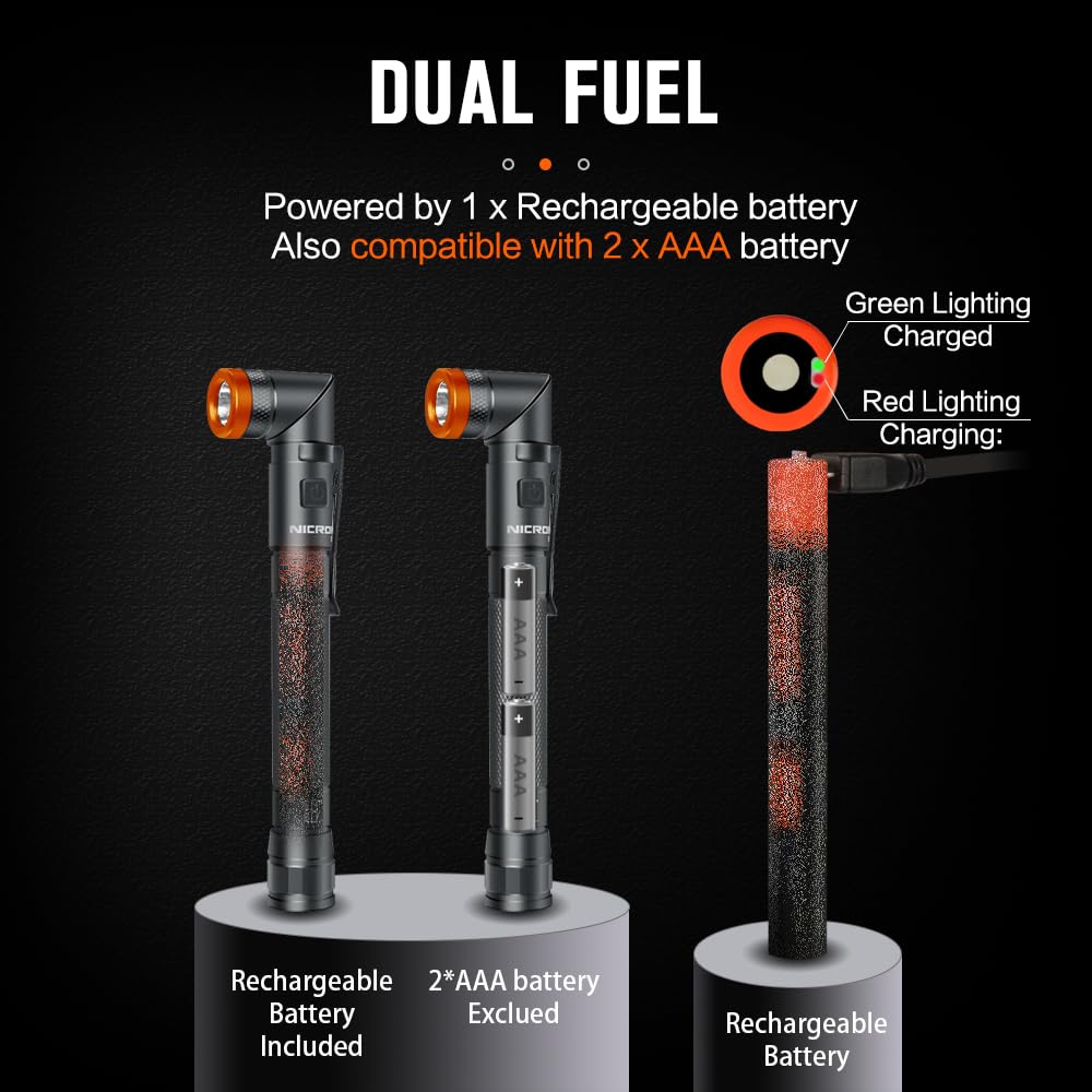 Nicron B73R Pen Flashlights 90 Degree Rotatable Flashlight 300 Lumen 4 Modes With Sos Rechargeable Flashlight, Ipx4 Waterproof, Magnetic Light For Work,Repair, Emergency