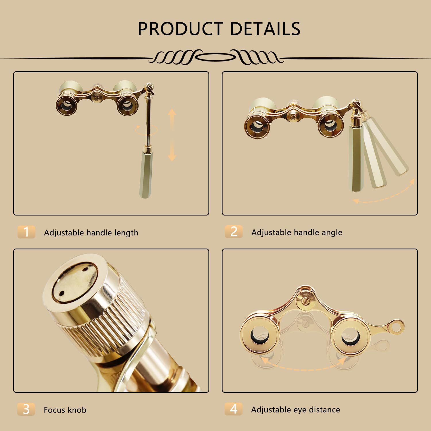 Blackice Theater Binoculars, Opera Glasses For Women, 3X25 Mini Binocular Compact With Adjustable Handle For Adults Kids In Concert Theater Opera (Golden With Handle)