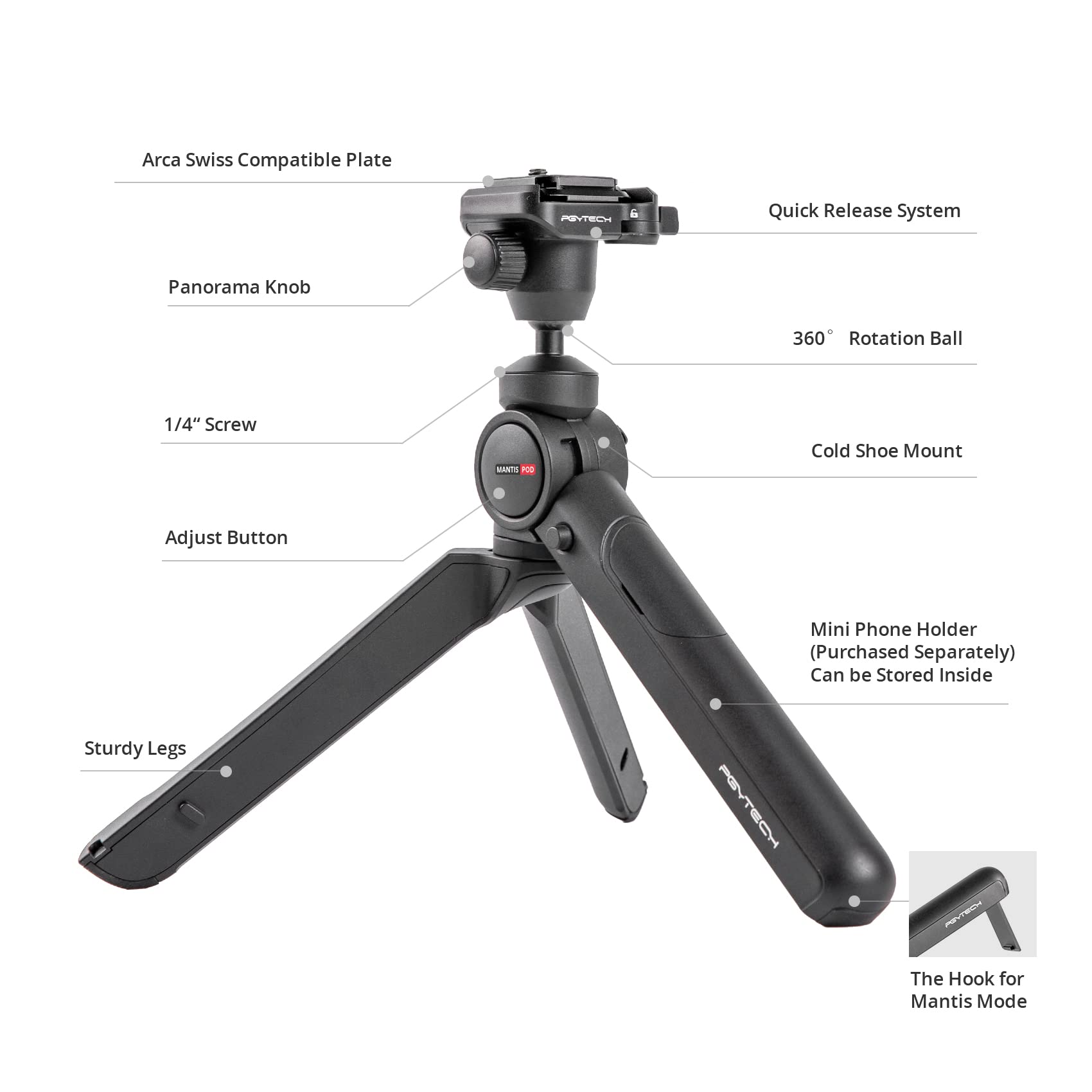 Pgytech Mantispod 2.0 Mini Tripod For Camera Vlogging, Small Travel Stand For Sony/Canon/Nikon/Fujifilm Slr Dslr, Pocket Video Vlog Desktop Shooting Selfie Mount