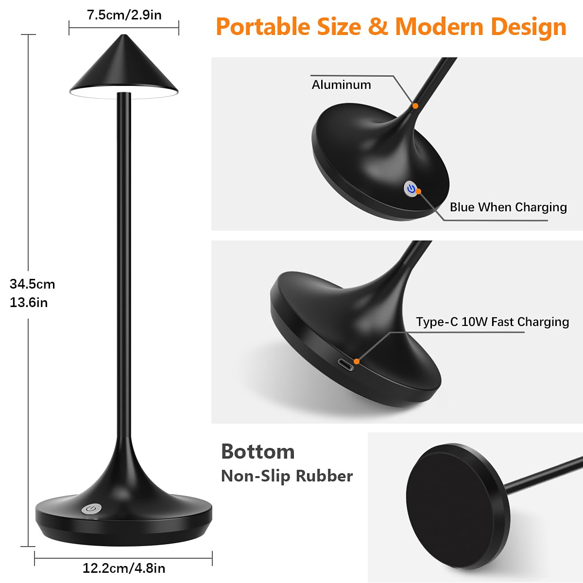 Bravzurg Cordless Led Table Lamp, 6000Mah Rechargeable Battery Operated Table Lamps, Modern & Portable, Dimmable, Wireless Small Desk Lights For Outdoor Restaurant Home Bedside – Black