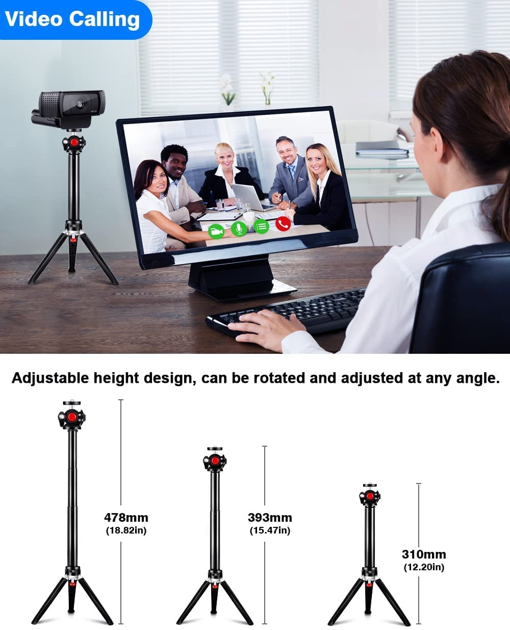 Etour Webcam Tripod Stand, 3 Levels Extendable Desktop Web Camera Mount With Phone Holder/Ball Head, Lightweight Portable Vlog Travel Selfie Stick Handle Grip For Logitech Webcam C922 C920 Brio Ring Light
