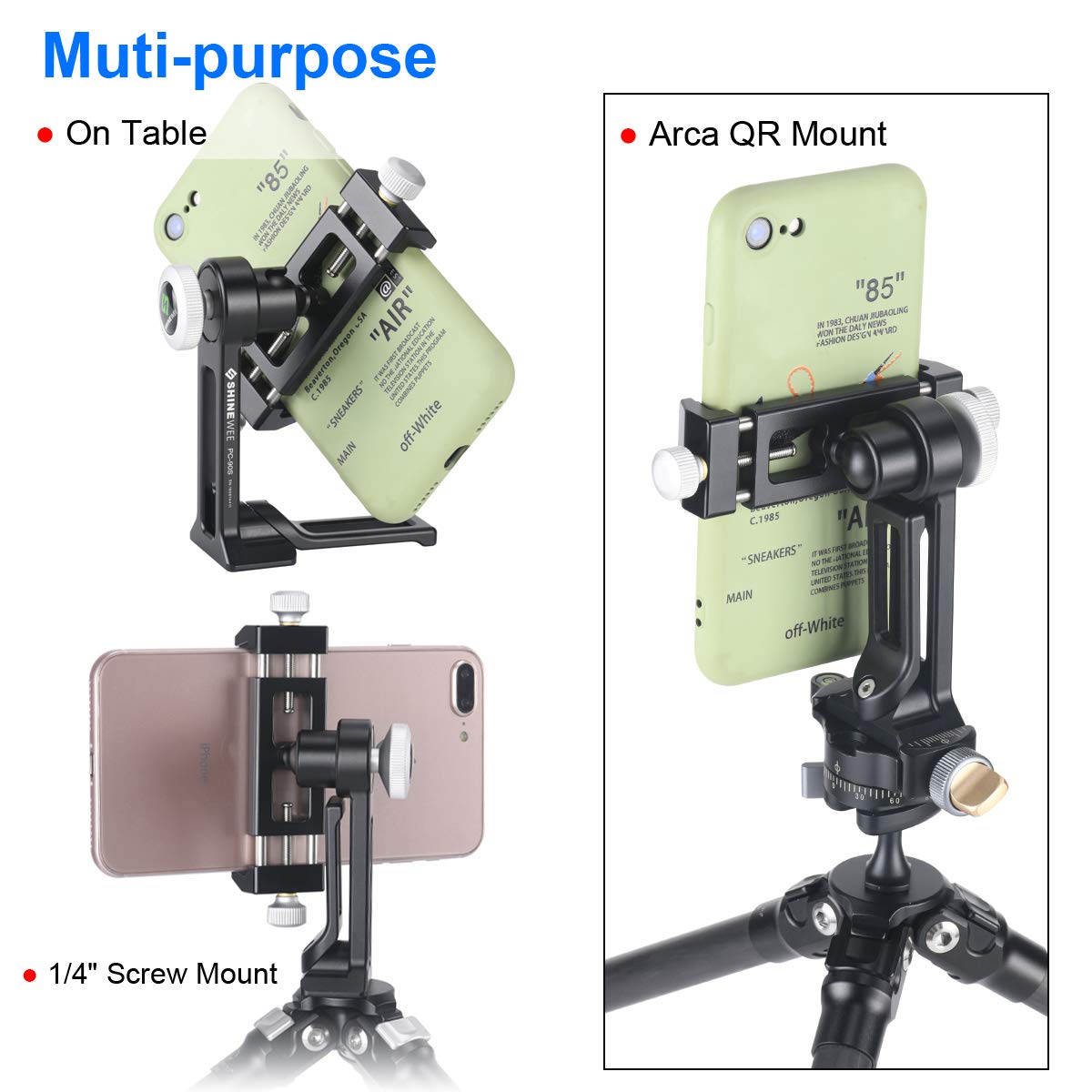 Shiee Metal Phone Tripod Mount Adapter, Arca Dovetail And 1/4" Screw Mount,Adjustable Vertical And Horizontal Dock For Samsung Galaxy, Iphone, And Other Smartphones Holder