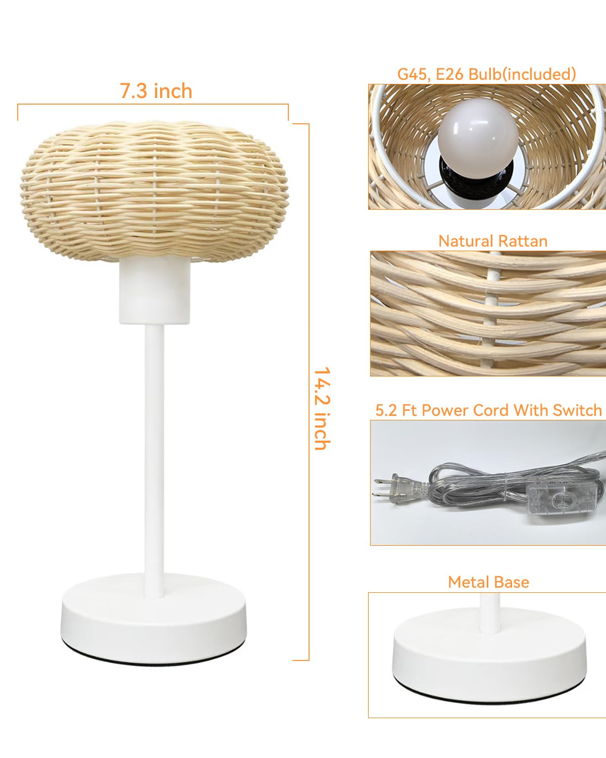 Techstarry Rattan Table Lamp Bamboo Woven Bedside Lamp Wooden Nightstand Light Lamp Desk Lamps For Reading, Yoga, Kids, Living Room, Office