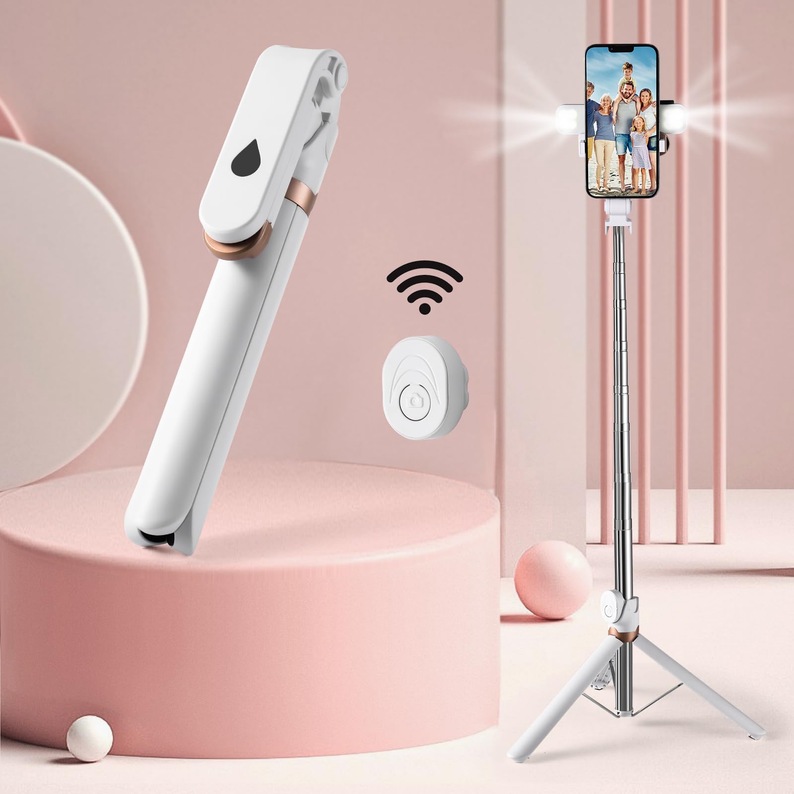 Mqouny Selfie Stick With Fill Light,Extendable Selfie Stick Rugged Tripod With Wireless Remote Compatible With Iphone 14 13 12 11 Pro Xs Max Xr X 8 7 6 Plus, Android Samsung Smartphone (White)