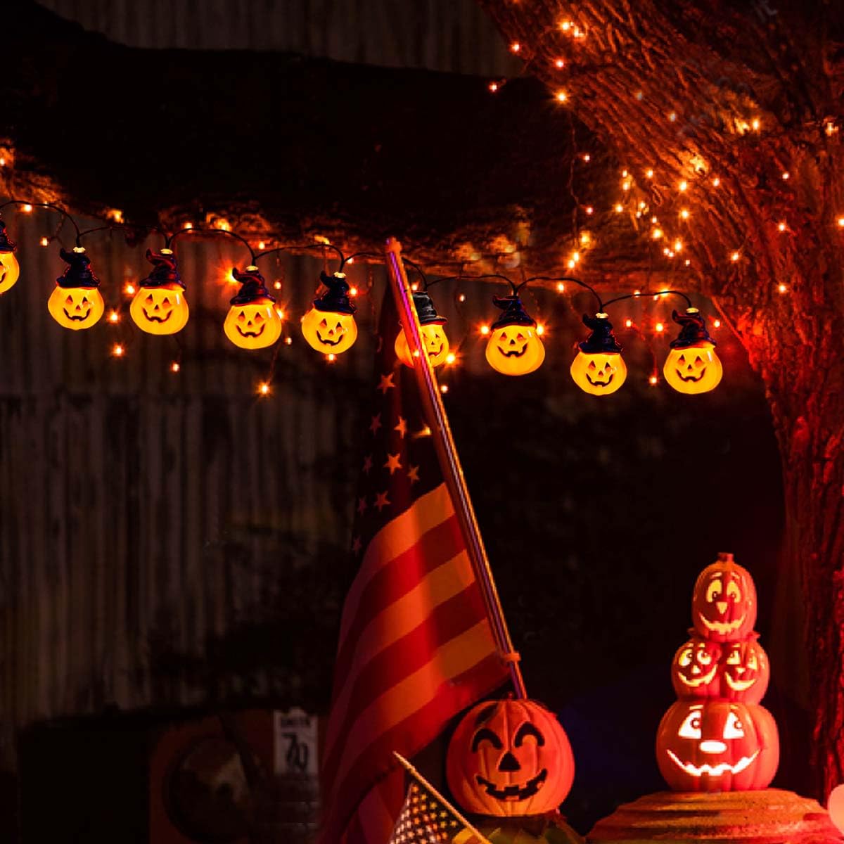 Ruexig Solar Pumpkin String Lights - 30 Led Spooky Outdoor Halloween Yard Decor For Porch & Camper Party
