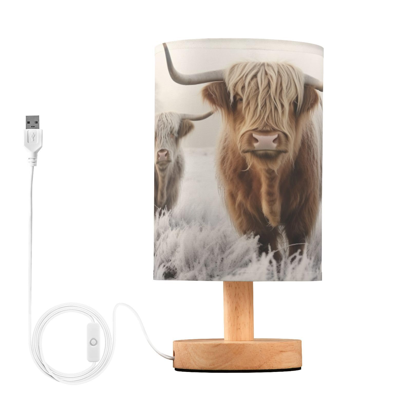 Keepreal Cool Highland Cow Bedside Table Lamp - Usb Small Nightstand Lamp, Wood Base Led Desk Light For Bedroom,Living Room, Office Desk