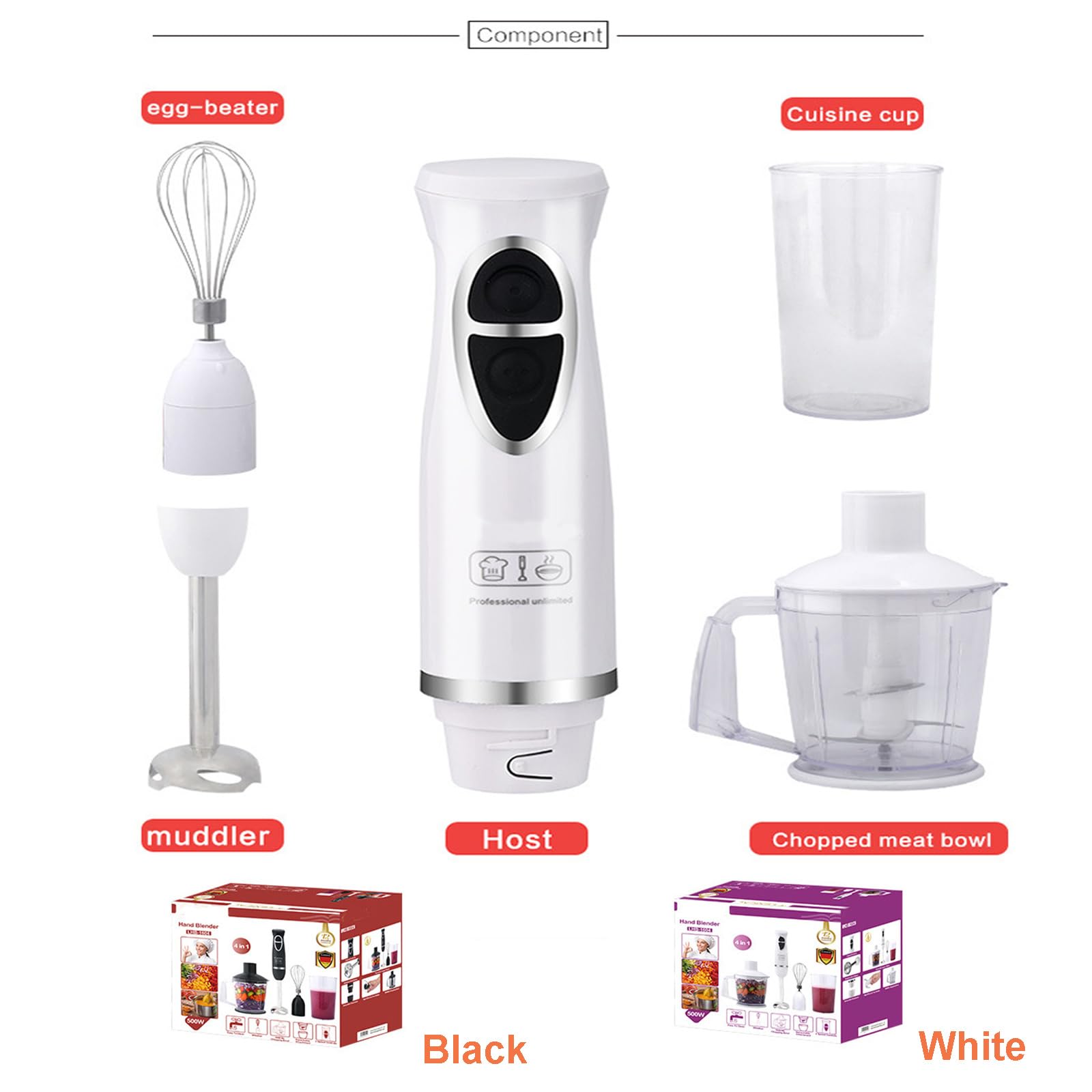 Uniqus Handheld Immersion Blender 4-In-1 Kitchen Essentials 2-Speed Electric Whisk With Egg-Beater, Muddler, Cuisine Cup, Chopped Meat Bowl For Sauces And Soups