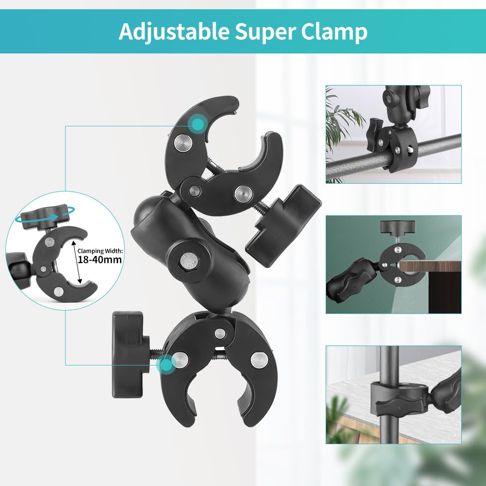 Jebutu Double Clamp Mount With 360°Magic Arm Umbrella Pole Clamp For Chair Monitor Desk Photo Studio Light Stand, Photography Reflector, Strollers, Motorcycle, Flag Holder Mount, Cross Bar, Photo Boom Stand