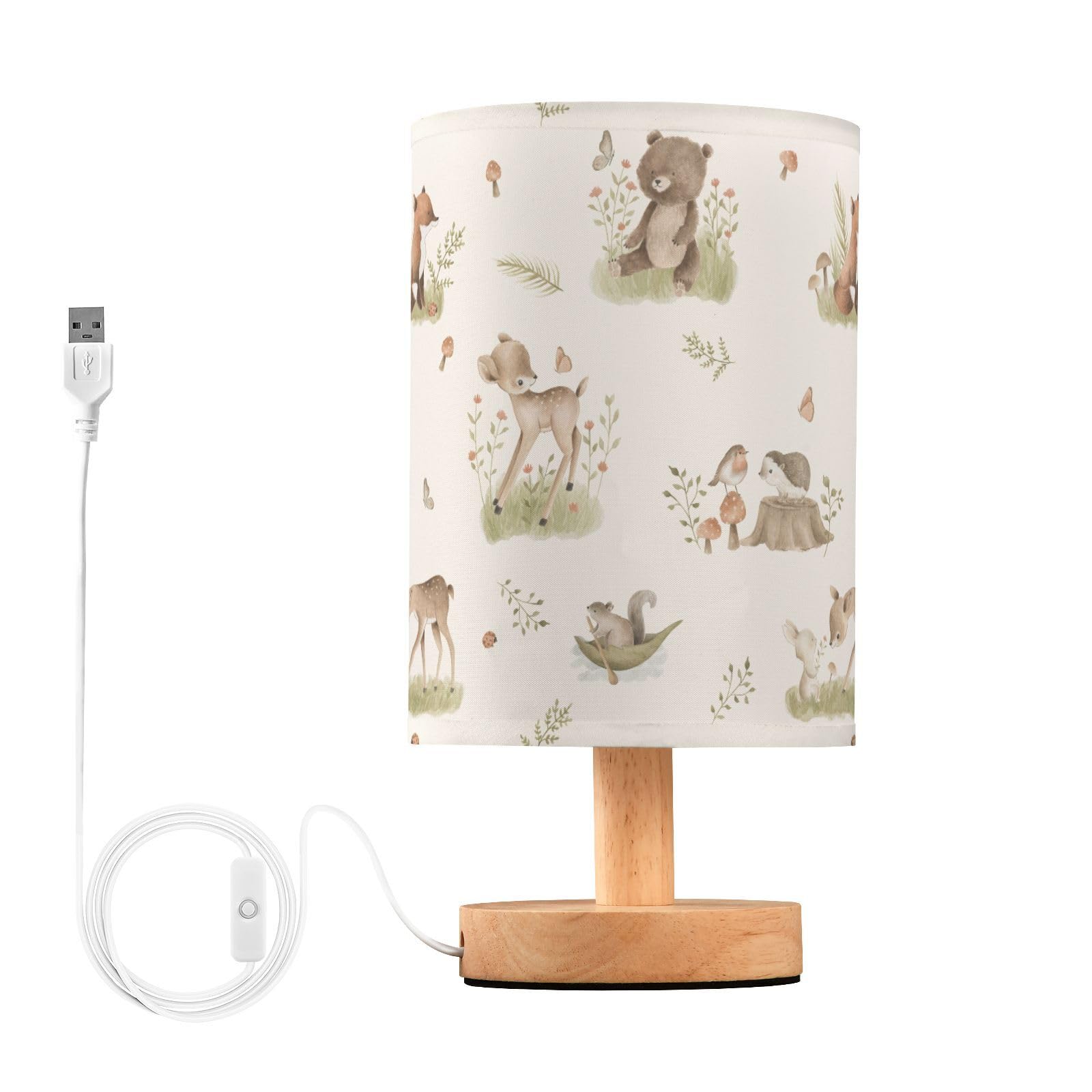 Oarencol Bedside Table Lamp Woodland Animals Nightstand Lamp With Wood Forest Fox Deer Rabbit Bird Bear Mushroom Desk Lamps For Bedroom Living Room Nursery Office Home Decor