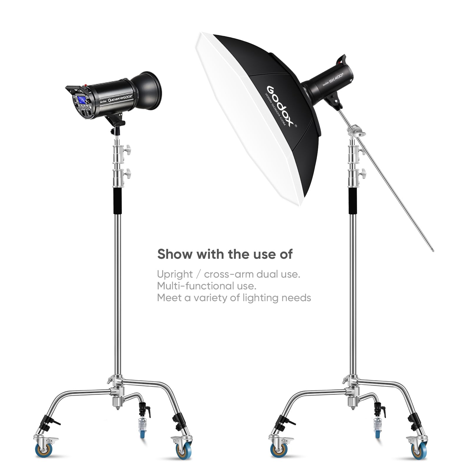 Soonpho Heavy Duty C Stand 11.3Ft/345Cm Light Stand With 4.2Ft/128Cm Boom Arm Wheels Sturdy Stainless Steel Century Stand For Photography Studio Video Reflector, Umbrella, Softbox And Monolight