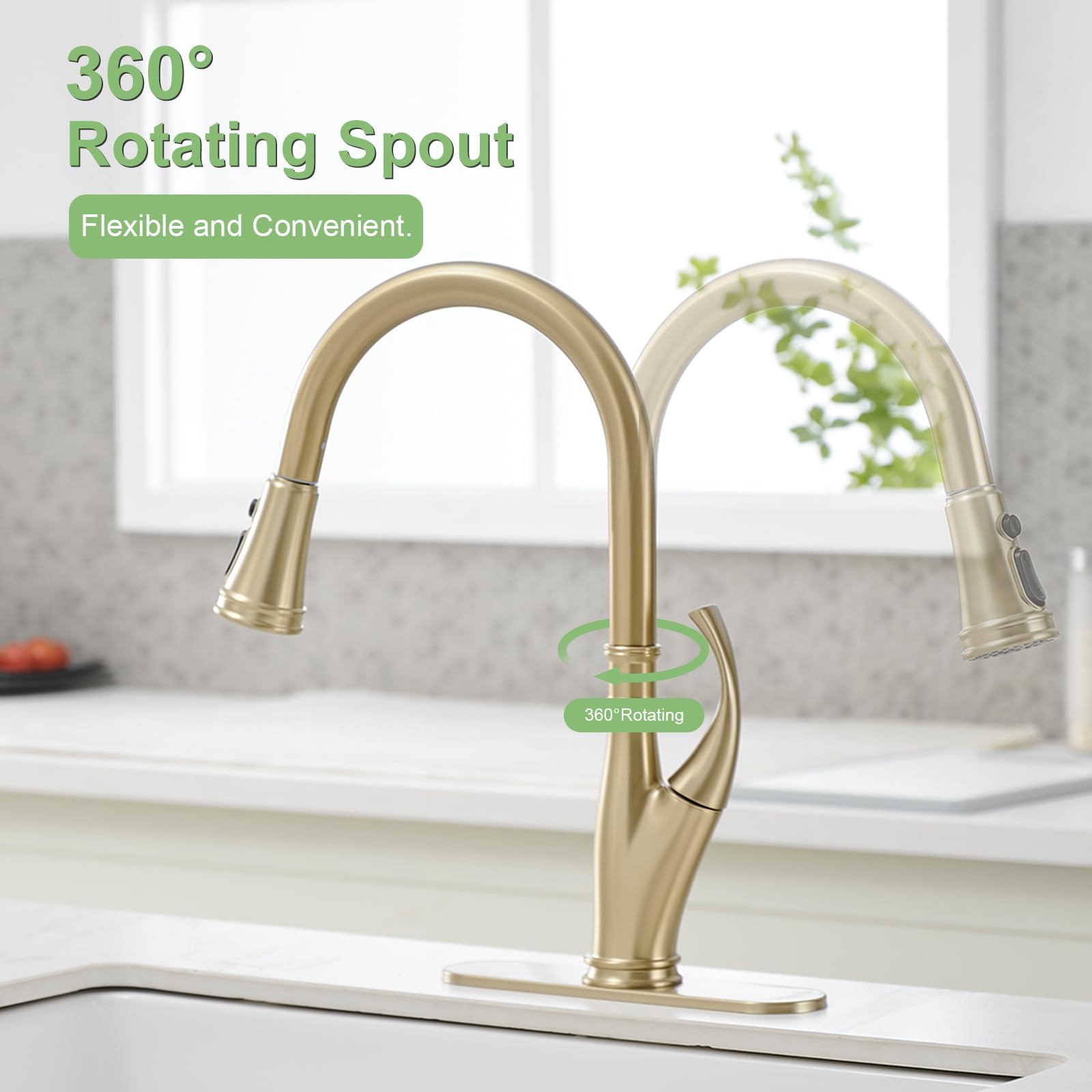 Bathlavish Brushed Gold Kitchen Faucet With Pull Out Sprayer Single Handle Single Hole Commercial Kitchen Faucet,High Arc Modern Brass Faucet, 360°Swivel Faucet For Kitchen Sink Bar Farmhouse Laundry
