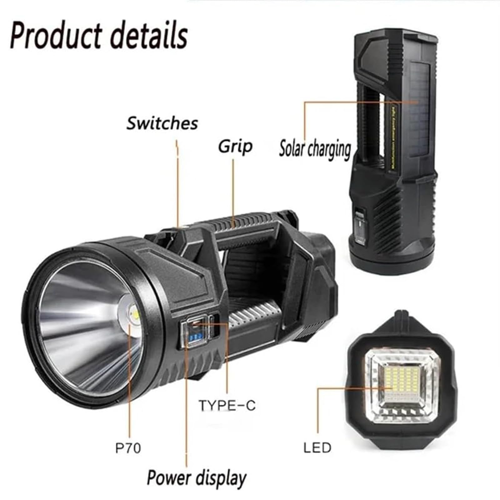 Fetnhu  German 1000000 Lumens Waterproof Spot Lights Handheld Large Searchlight, Asaruley Light, Spot Lights Outdoor Handheld, Rechargeable Solar Utility Flashlight (M)