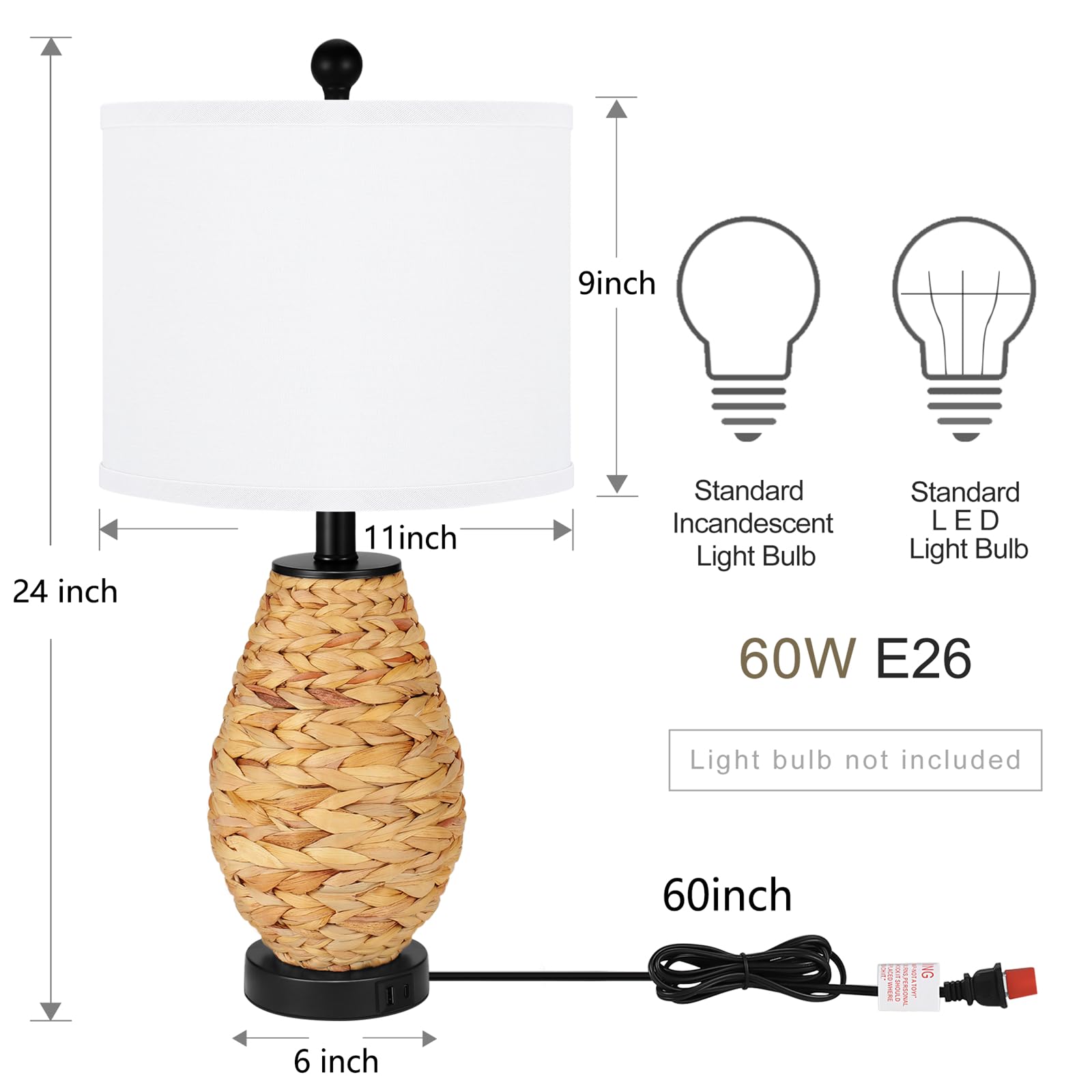 Tpamswo Coastal Table Lamps Set Of 2, Retro Natural Seagrass Rattan Woven 24" Bedside Lamp, For Bedroom Living Room Home Nightstand Table Lamp(With Usb C+A 5V 2.1A Charging Ports)