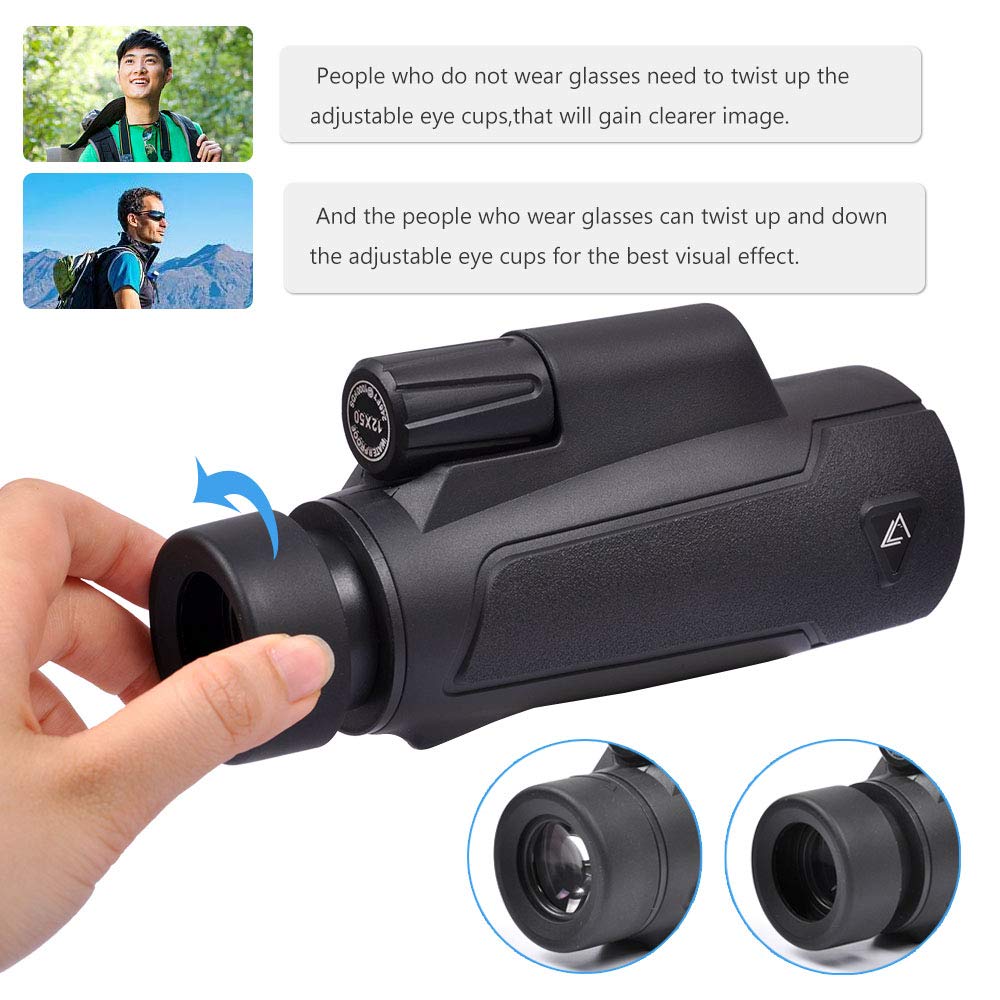 Lifella 12X50 High-Power Monocular Telescope With Portable Bag - Ideal For Bird Watching, Hunting, Hiking, Camping - Large Vision With Bak4 Prism And Fmc Lens Technology, Black