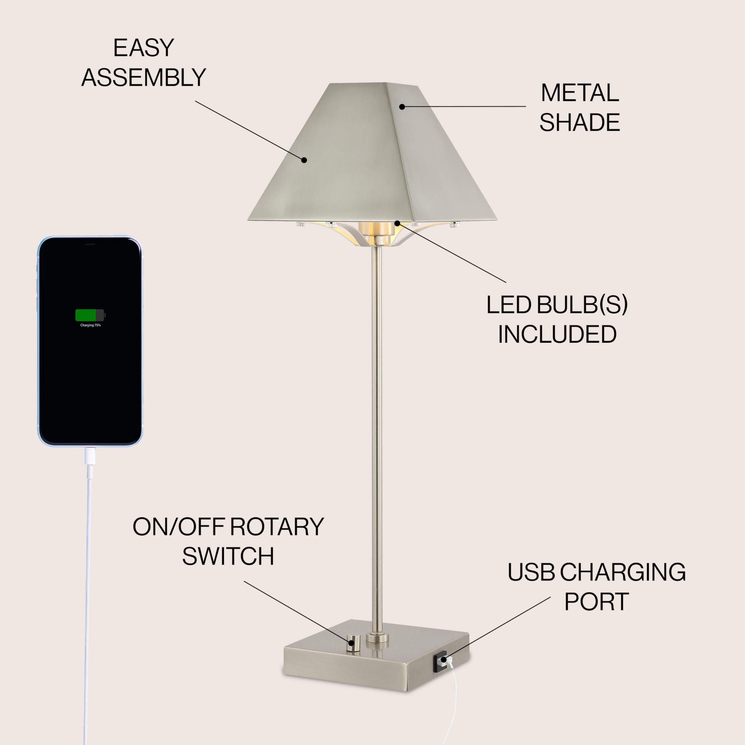 Jonathan Y Jyl6017A Ruthen 25" Industrial Style Iron Pyramid Bedside Led Table Lamp With Usb Charging Port Contemporary, Minimalist, Casual, Art Deco, Office, Living Room, Dining Room, Bedroom, Nickel