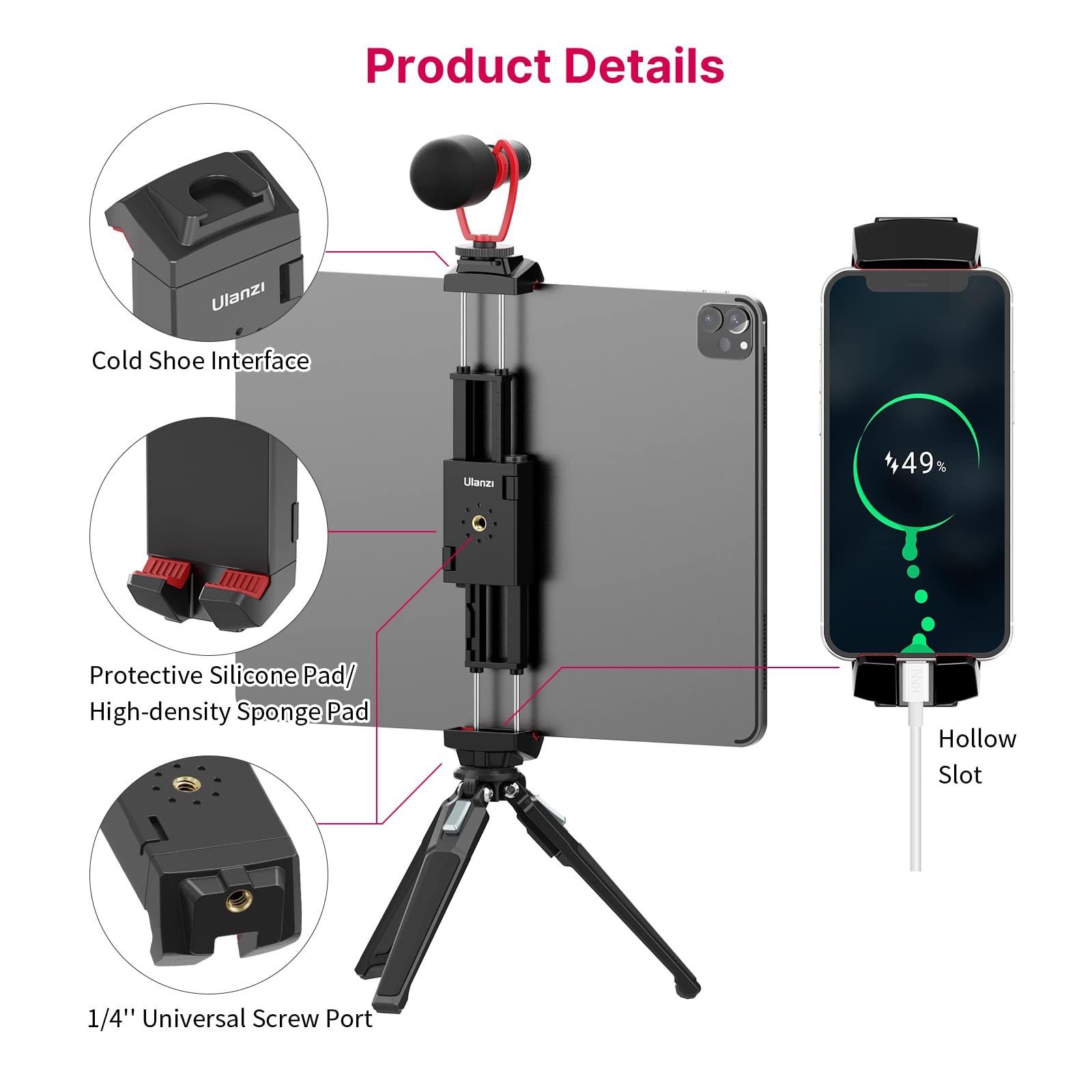 Ulanzi St-29 Phone Tripod Mount, Universal 2-In-1 Tablet Smartphone Holder Adapter With Cold Shoe Mount, 2.6"-8.8" Extend Clip Clamp Compatible With Ipad, Iphone, Samsung Galaxy And More