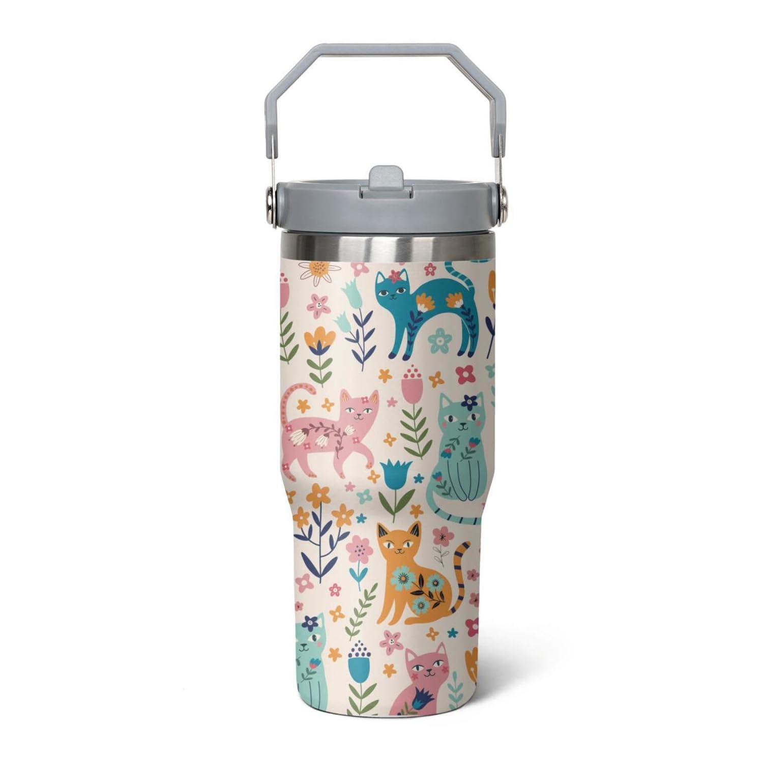 30 Oz Cat Flip Strawtumbler Lid And Straw,Funny Cat Leakproof Insulated Stainless Steel
