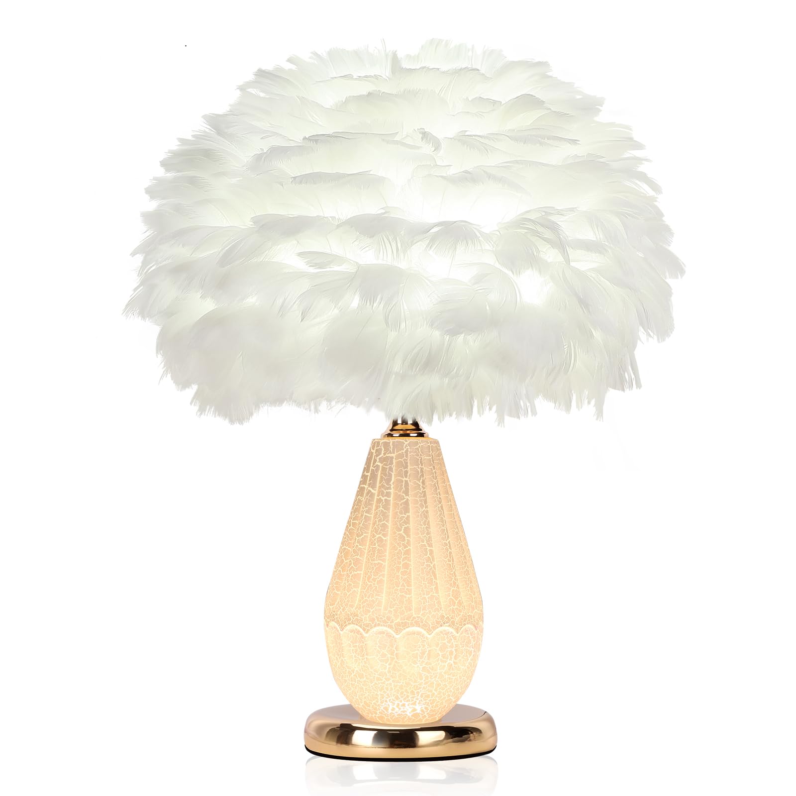 Lincwonz White Feather Lamp For Nightstand With Dual Light, White Table Lamp For Girls Bedroom,Modern Home Decor, Gold Base(White Feathers)