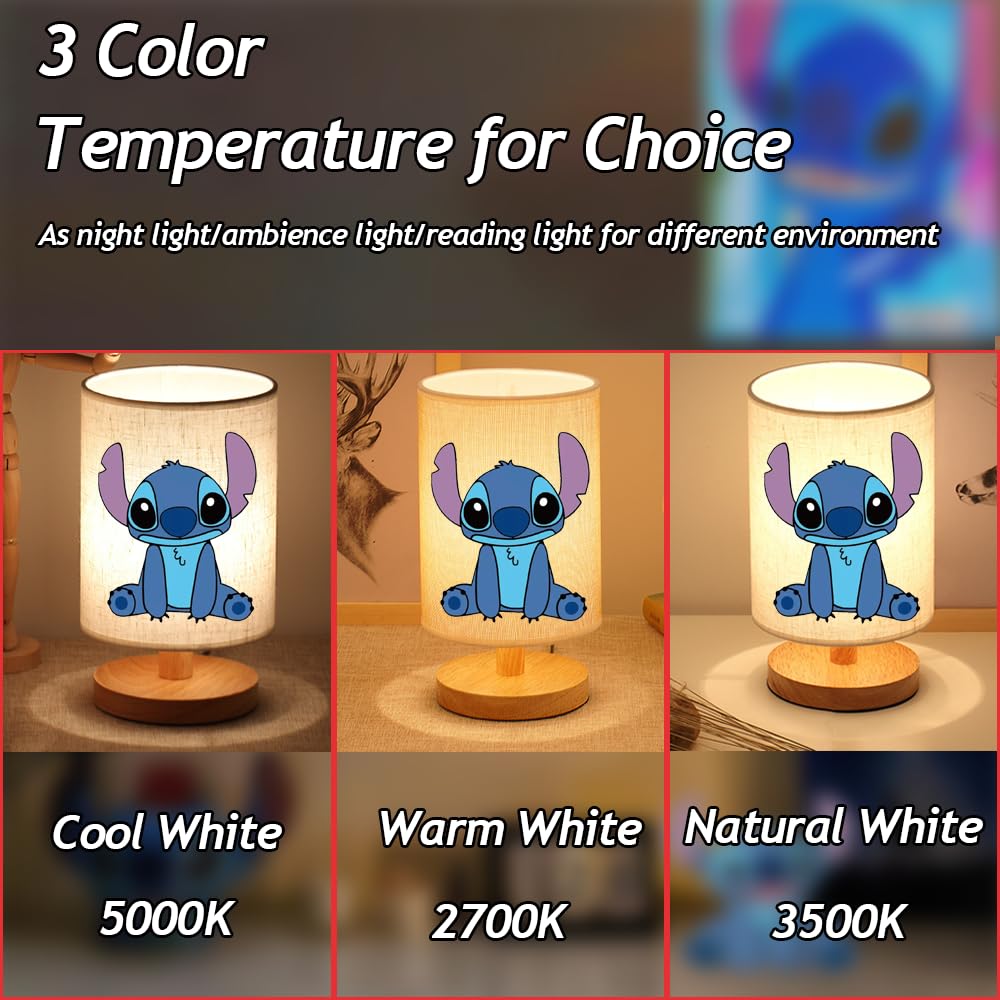Gifizol Stitch Bedside Table Lamp For Bedroom, Stitch - 3 Colors Nightstand Light Lamp, Wood Base Round Flaxen Fabric Shade Desk Reading Lamp For Kids Room, Led Bulb Included, Stitch Stuff Girls