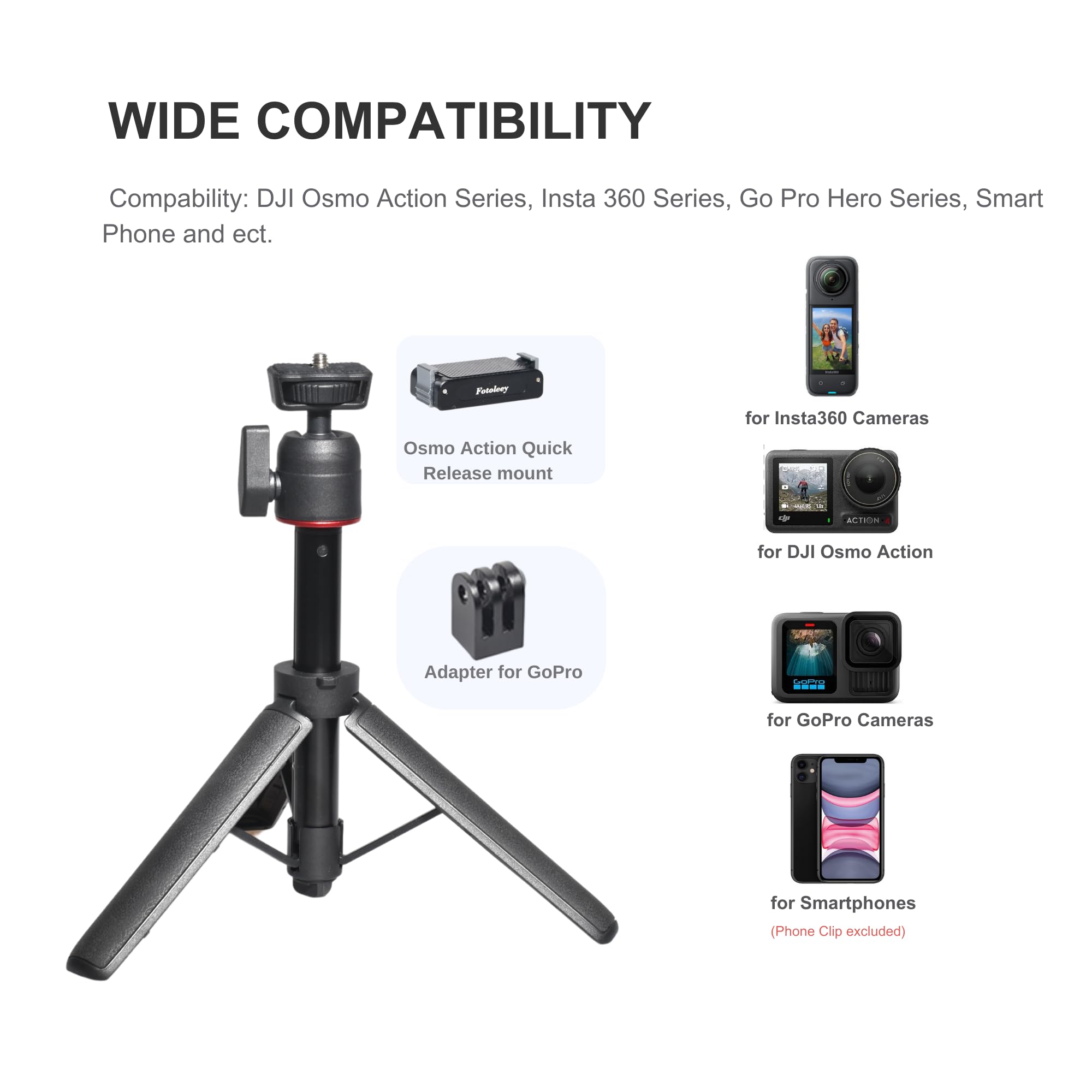 Fotoleey Mini Tripod For Dji Osmo Action 5 Pro/Action 4, 20-55Cm Extendable Holder With Ball Head Mount Compatible With Insta360, Go Pro, Vlogging Live Streaming Camera Stand