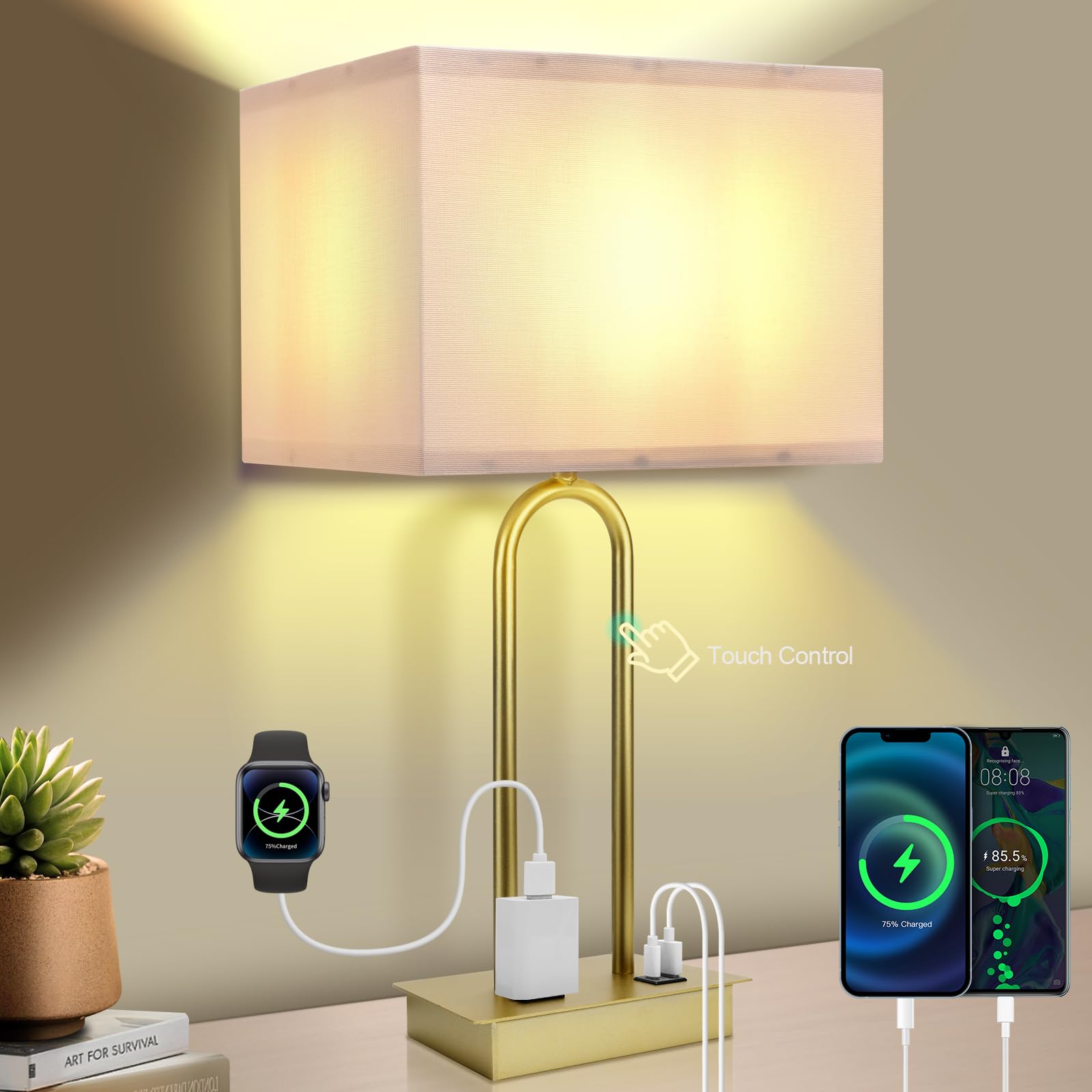 Conca Bedside Touch Control Table Lamp With Type C/Usb Charging Port And 1 Ac Outlet, White Square Fabric Shade For Hotel, Bedroom Living Room, Officepackage Includes Bulb (Gold)