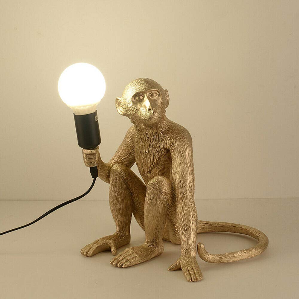 Bjtdllx Creative Monkey Table Light, Industrial Table Lighting Fixture Chandelier, Vintage Resin Unique Sitting Monkey Table Lamp Light For Dining Living Room Bedroom Bar Cafe -Gold Table Light