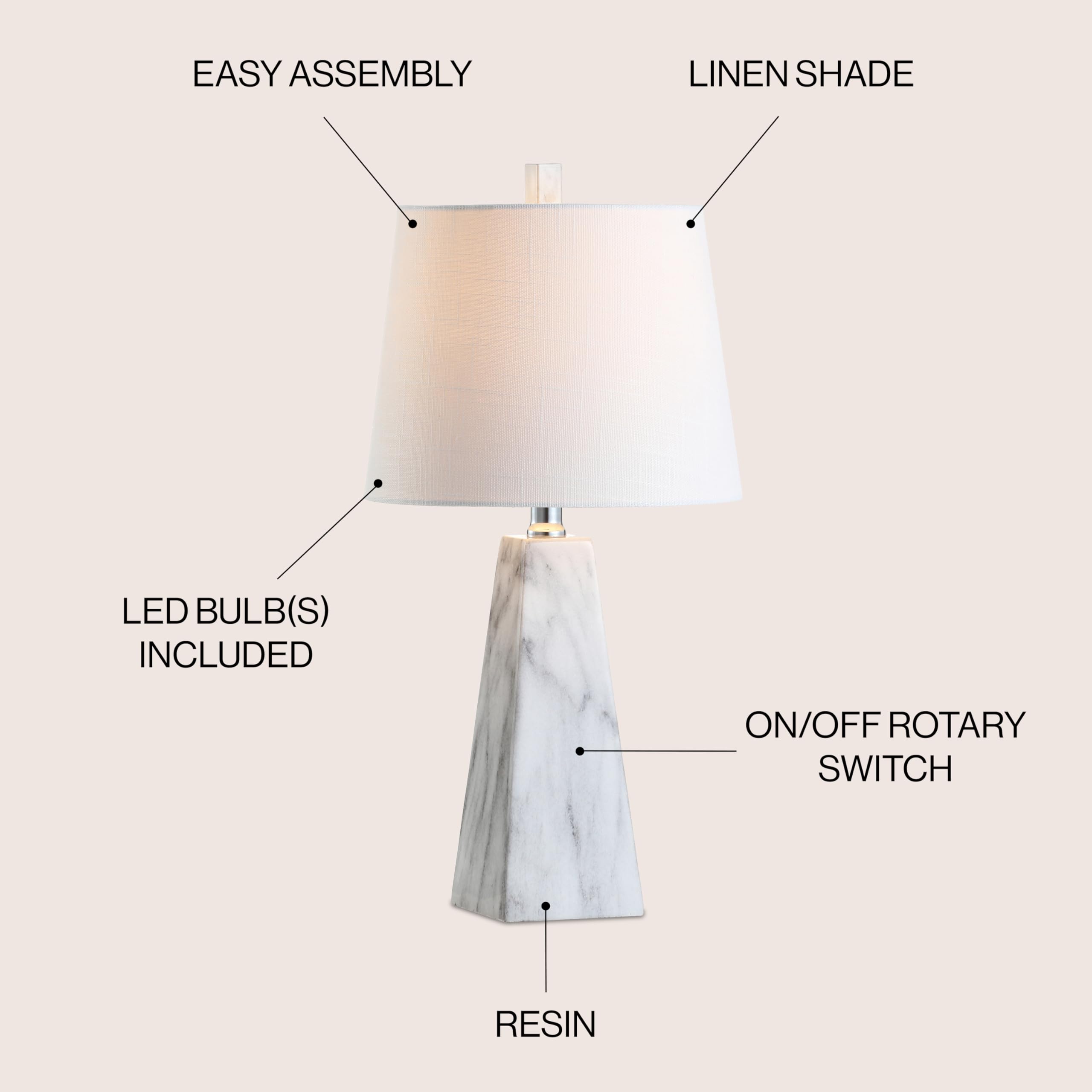Jonathan Y Jyl1037A Owen 20.5" Resin Led Table Lamp, Contemporary, Modern, Elegant, Office, Living Room, Family Room, Dining Room, Bedroom, Hallway, Foyer, White Marble Finish